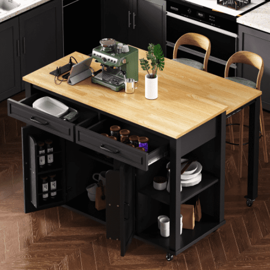 Euroco 47 inch Kitchen Island with Extendable Dining Table, Rubber Wood Veneer Kitchen Table with Internal Storage Rack