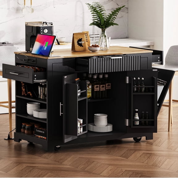 Euroco 48.5" Rolling Kitchen Island with Power Outlet, Large Kitchen Islands on 5 Wheels with Trash Can Storage Cabinet,3 Drawers,Internal Storage Rack & Open Shelves for 10 Gallon Garbage Bin,Black