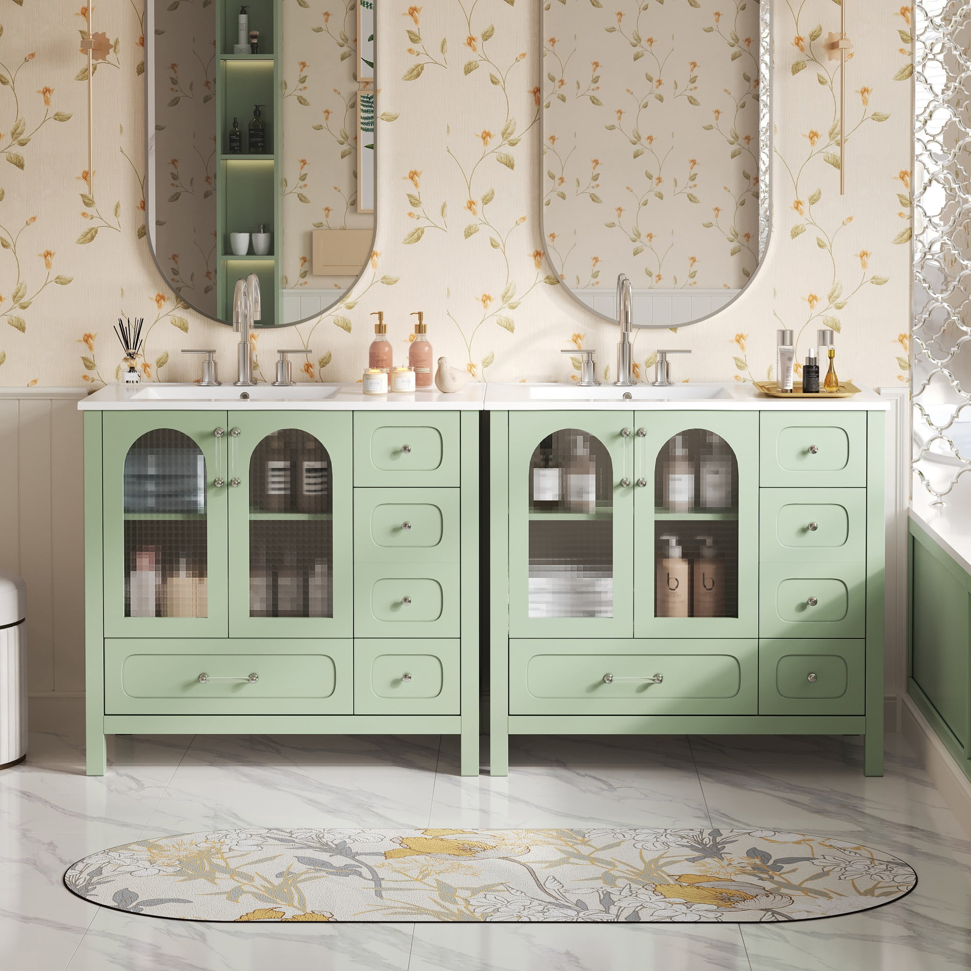 Euroco 48'' Modern Bathroom Vanity with Turquoise Finish, 8 Drawers, Waffle Glass Doors & Soft-Close Hinges, Fits 8” Faucet (Faucet Not Included)