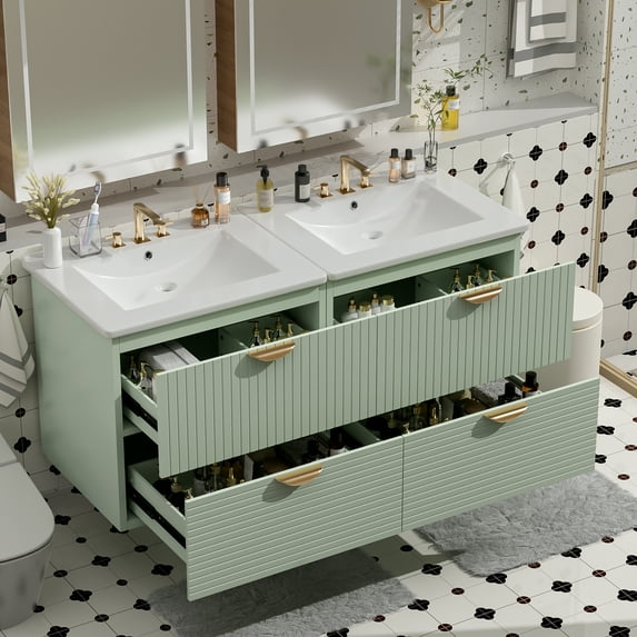 Euroco 48" Modern Wall-Mounted Bathroom Vanity Combo with Double Sinks, Soft-Close Drawers, Gold Handles