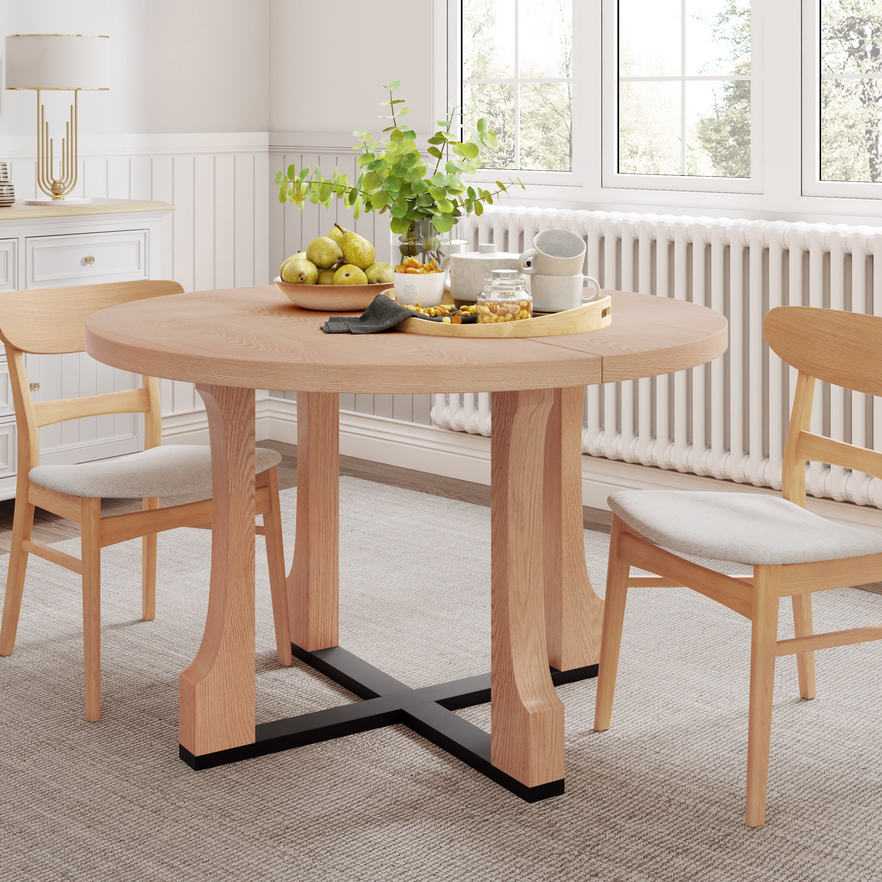 Euroco 48" Round Dining Table for 4, Farmhouse Kitchen Table with Wooden Frame for Kitchen Living Room,Natural+Black