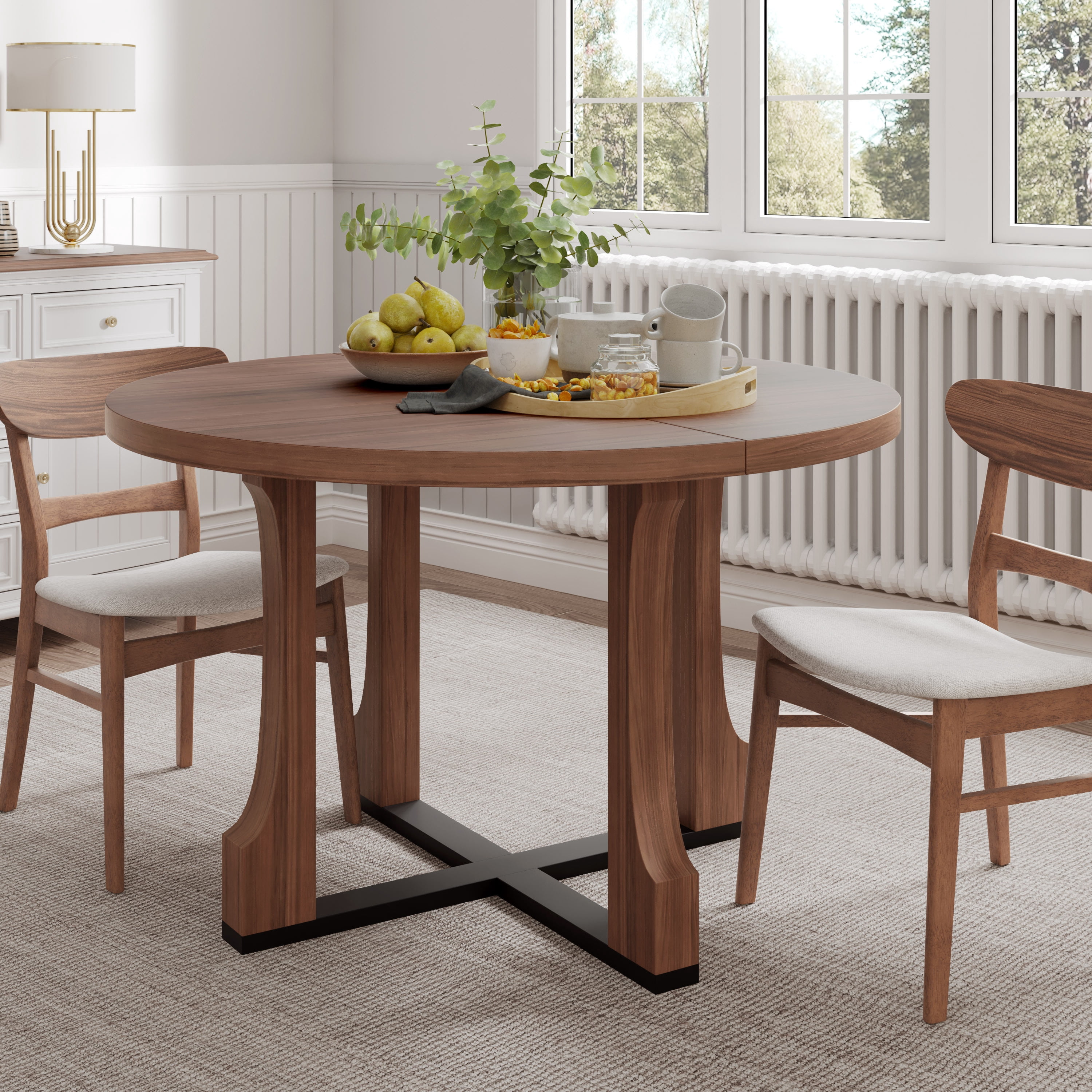 Euroco 48" Round Dining Table for 4, Farmhouse Kitchen Table with Wooden Frame for Kitchen Living Room,Walnut