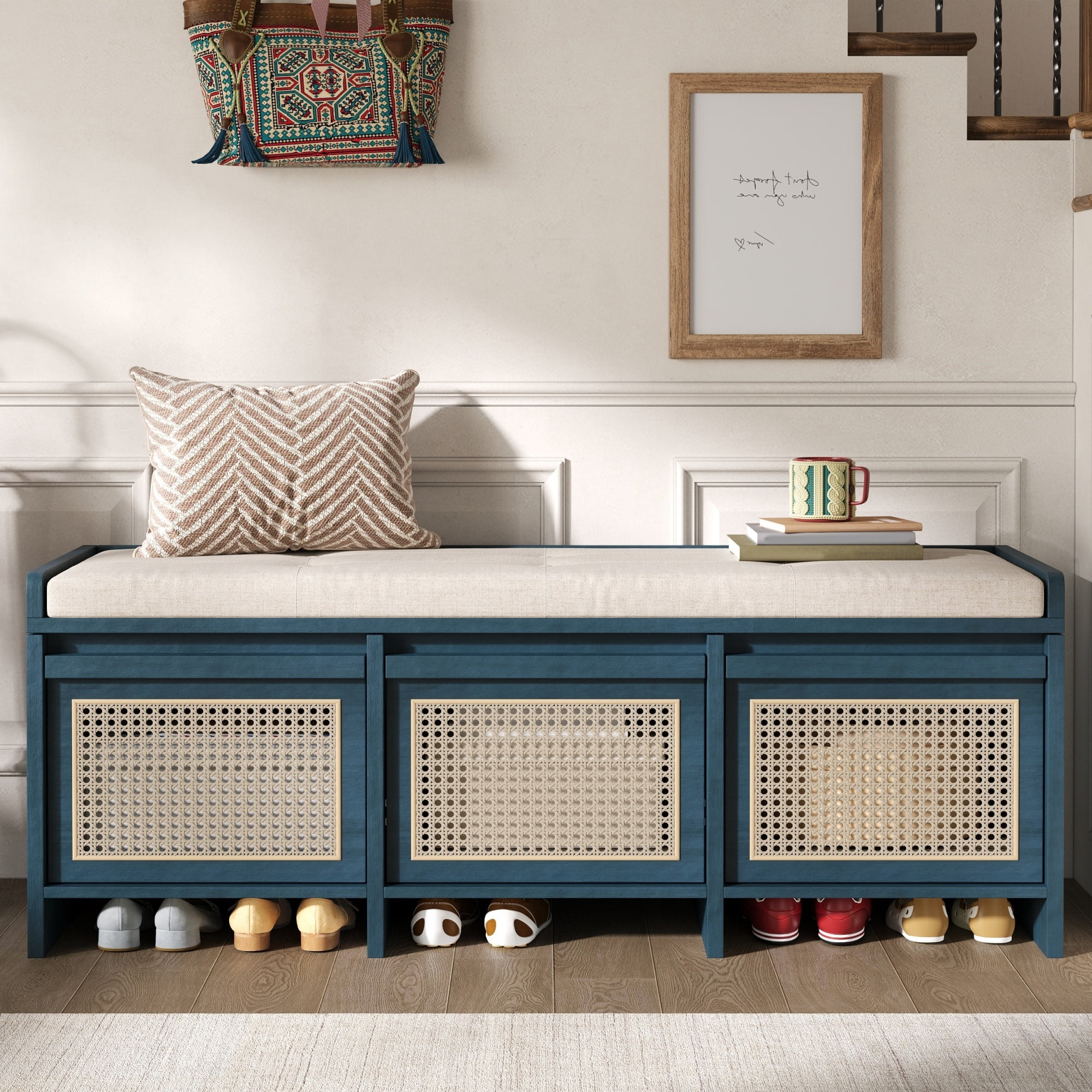 Euroco 48" Shoe Storage Bench, Retro Entryway Bench with 3 Rattan Drawers,Lift Top Storage & Removable Upholstered Cushion,Wooden Shoe Rack Bench for Living Room, Hallway, Foyer,Antique Navy