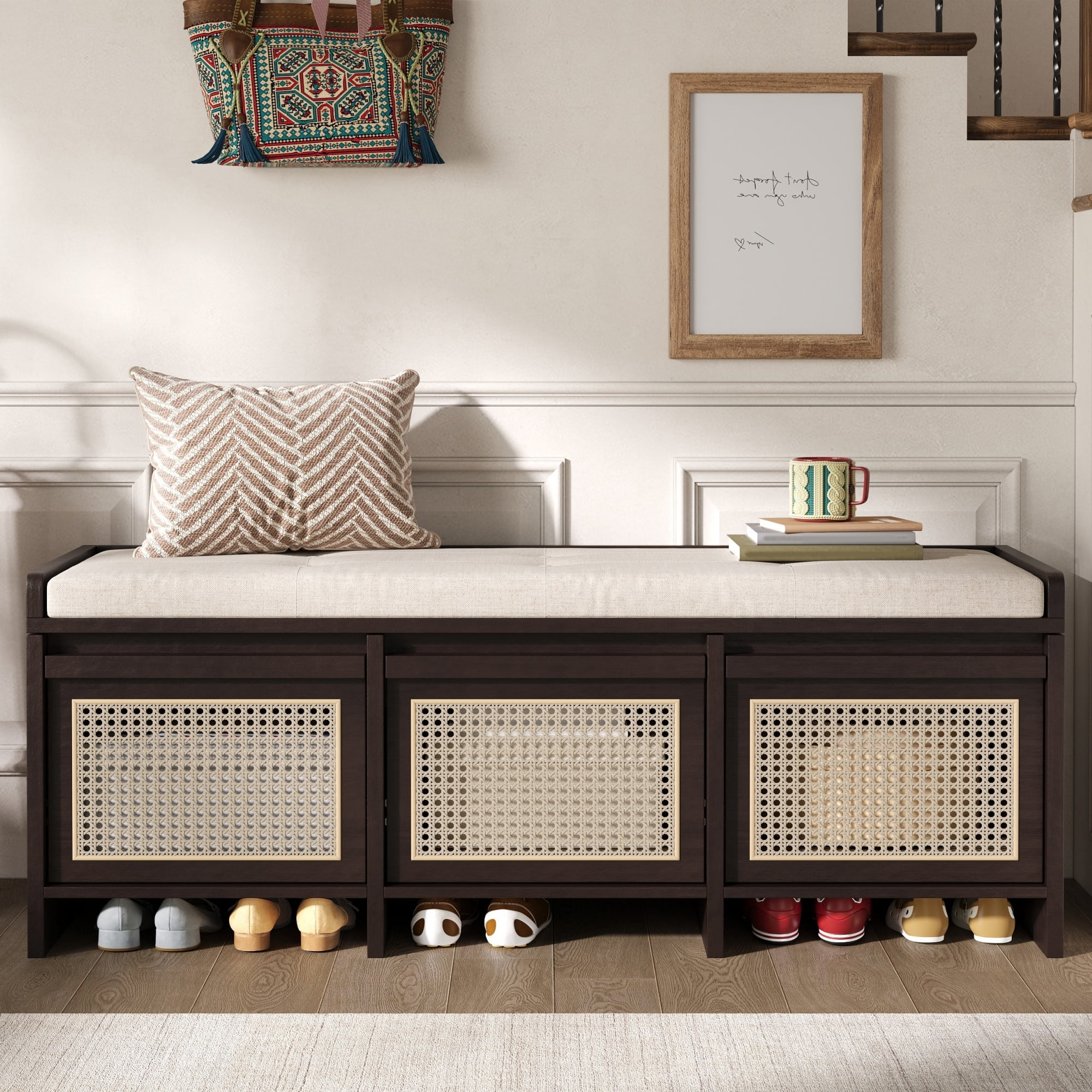 Euroco 48" Shoe Storage Bench, Retro Entryway Bench with 3 Rattan Drawers,Lift Top Storage & Removable Upholstered Cushion,Wooden Shoe Rack Bench for Living Room, Hallway, Foyer,Espresso