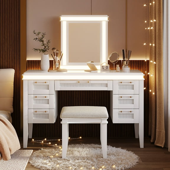 Euroco 48" Vanity Desk with Mirror and Lights, Makeup Vanity with 7 Drawers and Cushioned Stool, Classic Beige Finish Dressing Table with Hollow Design Drawer for Bedroom, Rubber Wood Legs