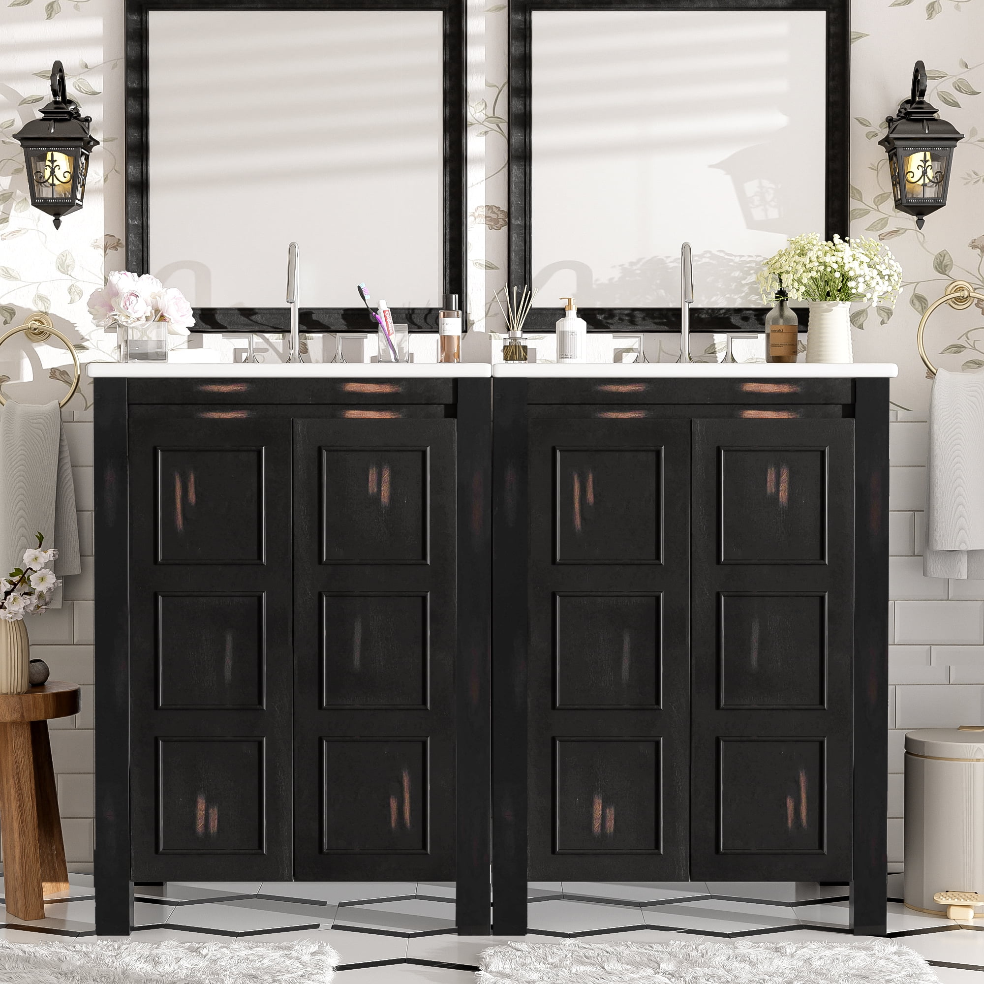 Euroco 48" Vintage Style Bathroom Vanity Combo with Double Vanities (separate), Double Ceramic Sinks, storage Shelf and Soft Close Doors
