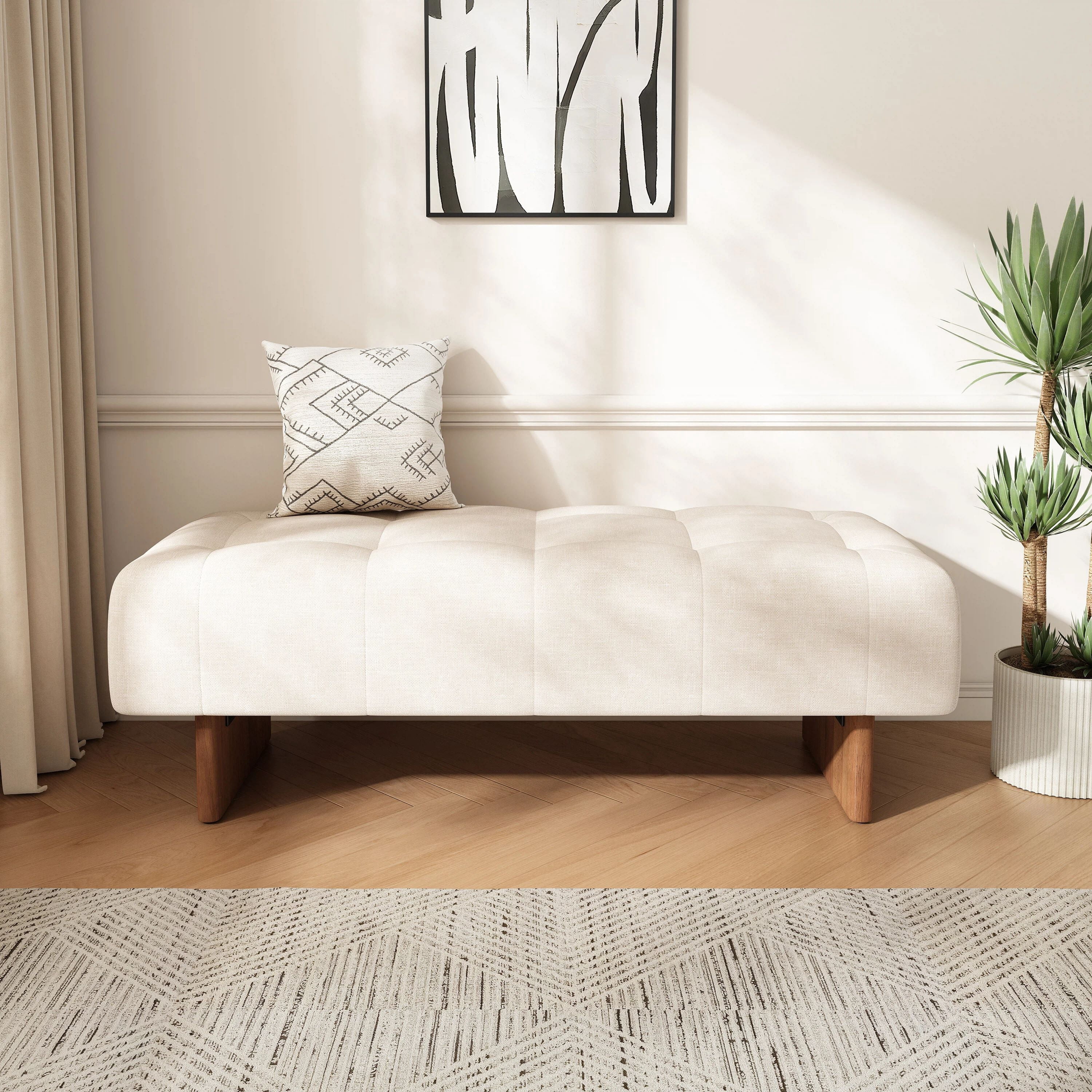 Euroco 49.75" Long Upholstered Tufted Linen Ottoman Bench, Modern End of Bed Bench with Solid Wood Legs for Living Room, Beige