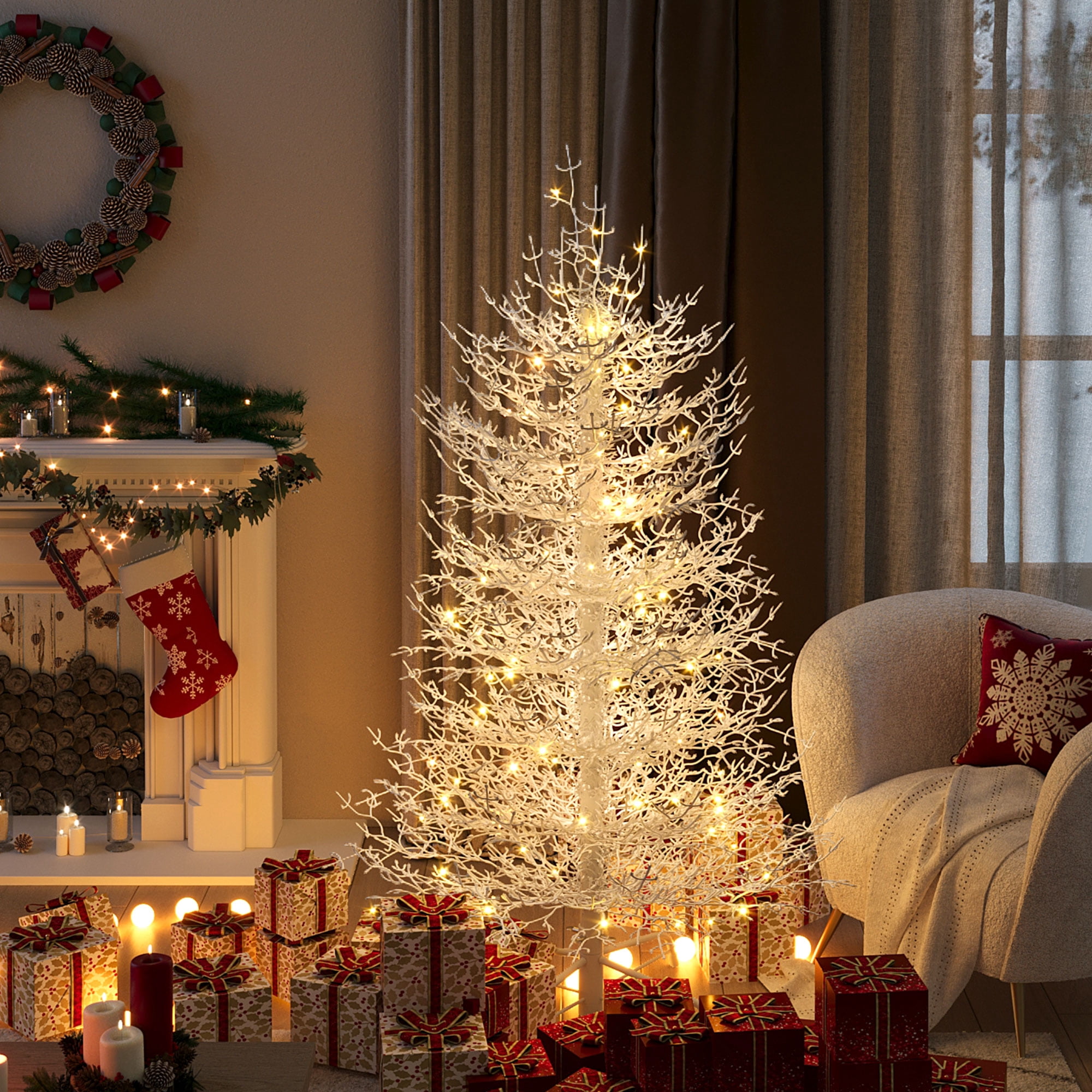 Euroco 4FT Pre-lit Aspen Fir Artificial Christmas Tree, Hinged Xmas Tree 280 Snow Flocked Branch Tips, 230 Warm Yellow LED Lights, Holiday Coral Christmas Tree for Home Party