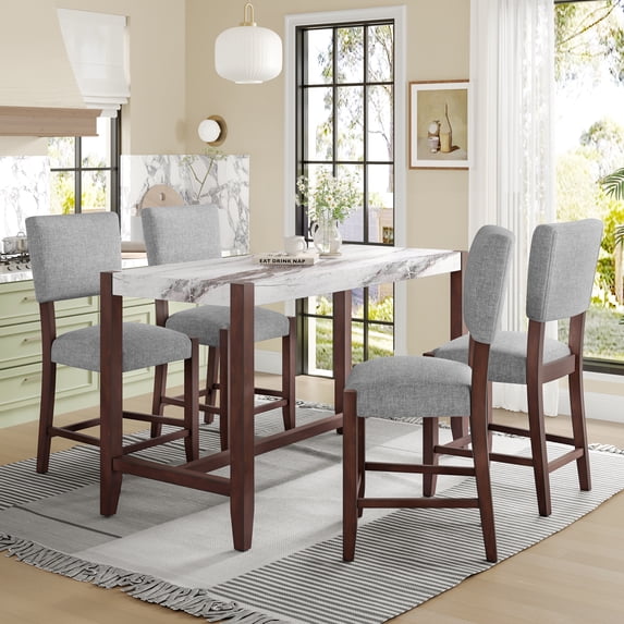 Euroco 5-Piece Counter Height Dining Table Set,Modern Dining Set with 4 Upholstered Chairs for Dining Room,White & Gray