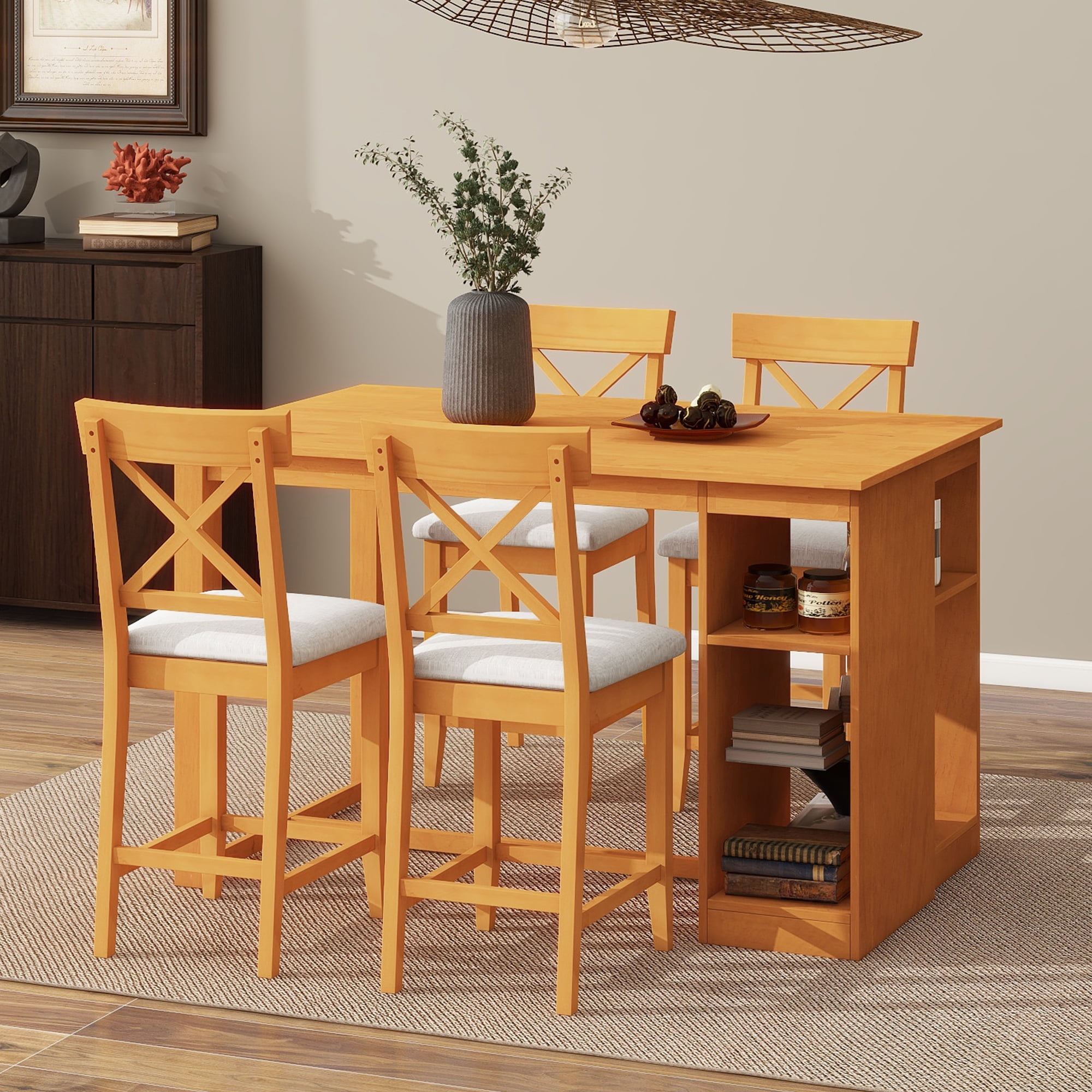 Euroco 5 Piece Counter Height Dining Table Set, Solid Wood Farmhouse Kitchen Table Set with Open Storage Shelves for 4,Peferct for Small Place,Brown