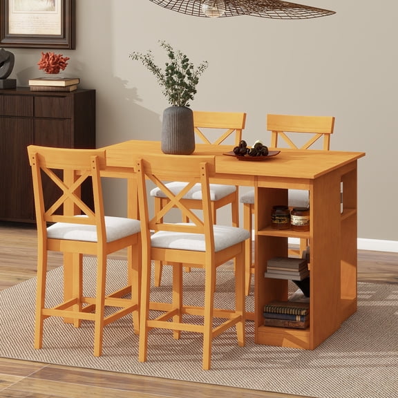 Euroco 5 Piece Counter Height Dining Table Set, Solid Wood Farmhouse Kitchen Table Set with Open Storage Shelves for 4,Peferct for Small Place,Brown