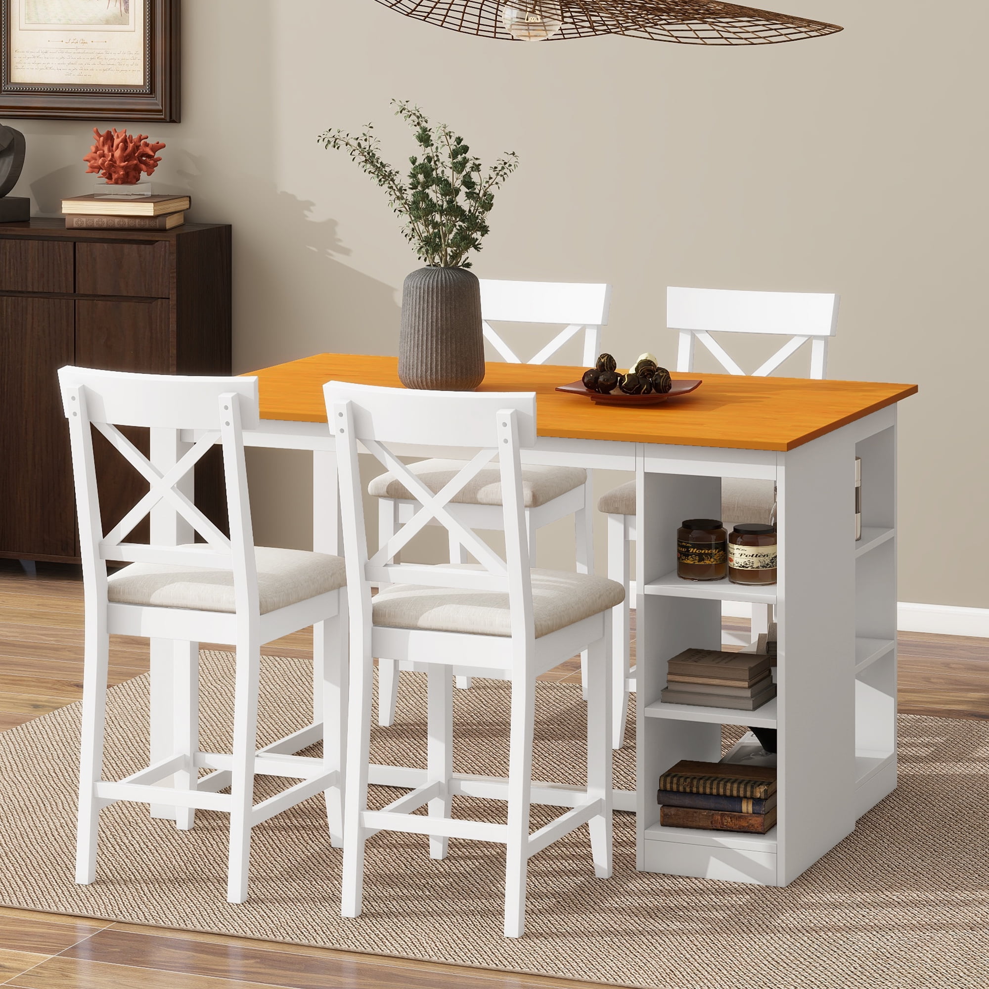 Euroco 5 Piece Counter Height Dining Table Set, Solid Wood Farmhouse Kitchen Table Set with Open Storage Shelves for 4,Peferct for Small Place,White