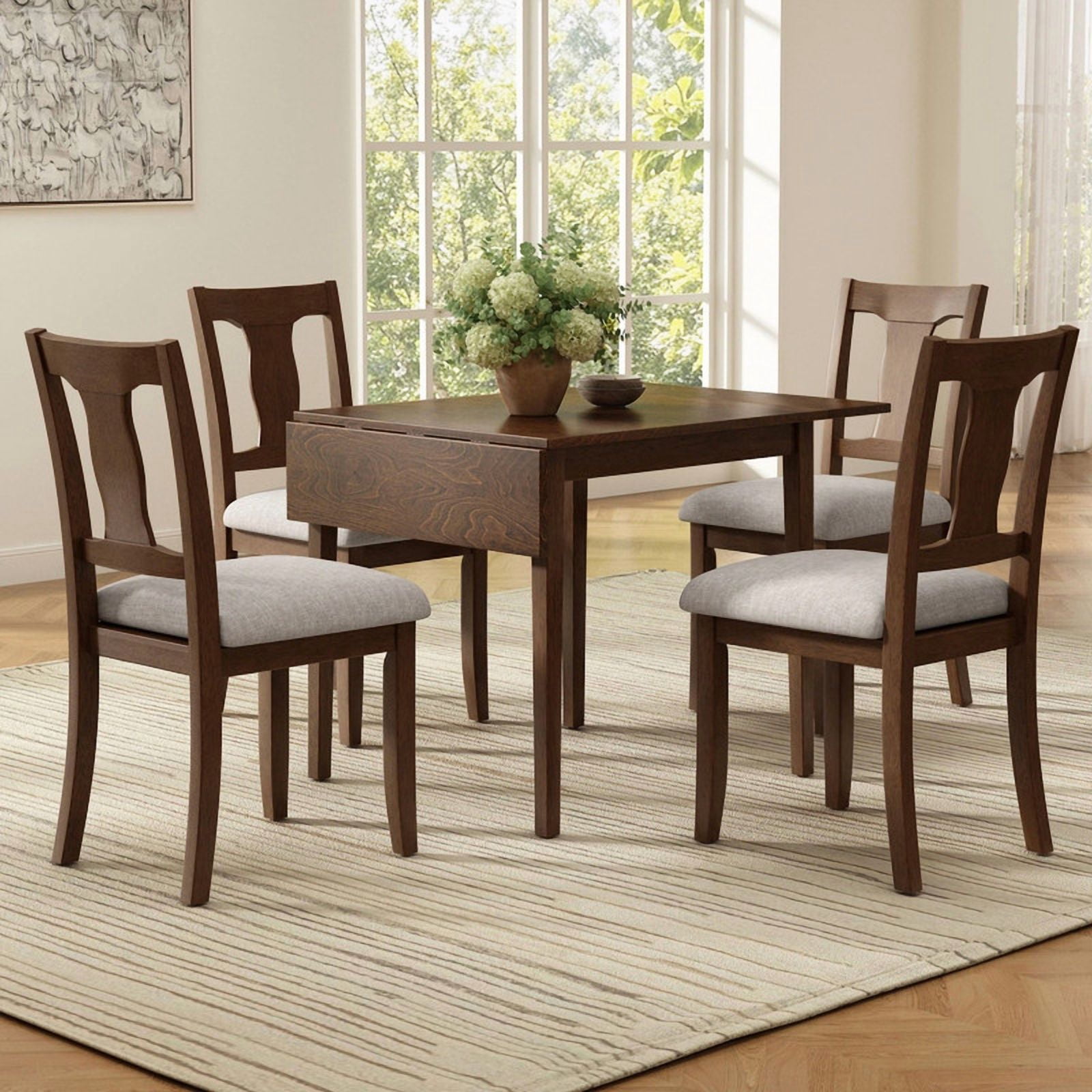 Euroco 5-Piece Dining Table Set for 4, 45.67" Extendable Kitchen Table Set with Drop Leaf and 4 Upholstered Chairs,Dining Room Set for Small Space,Brown
