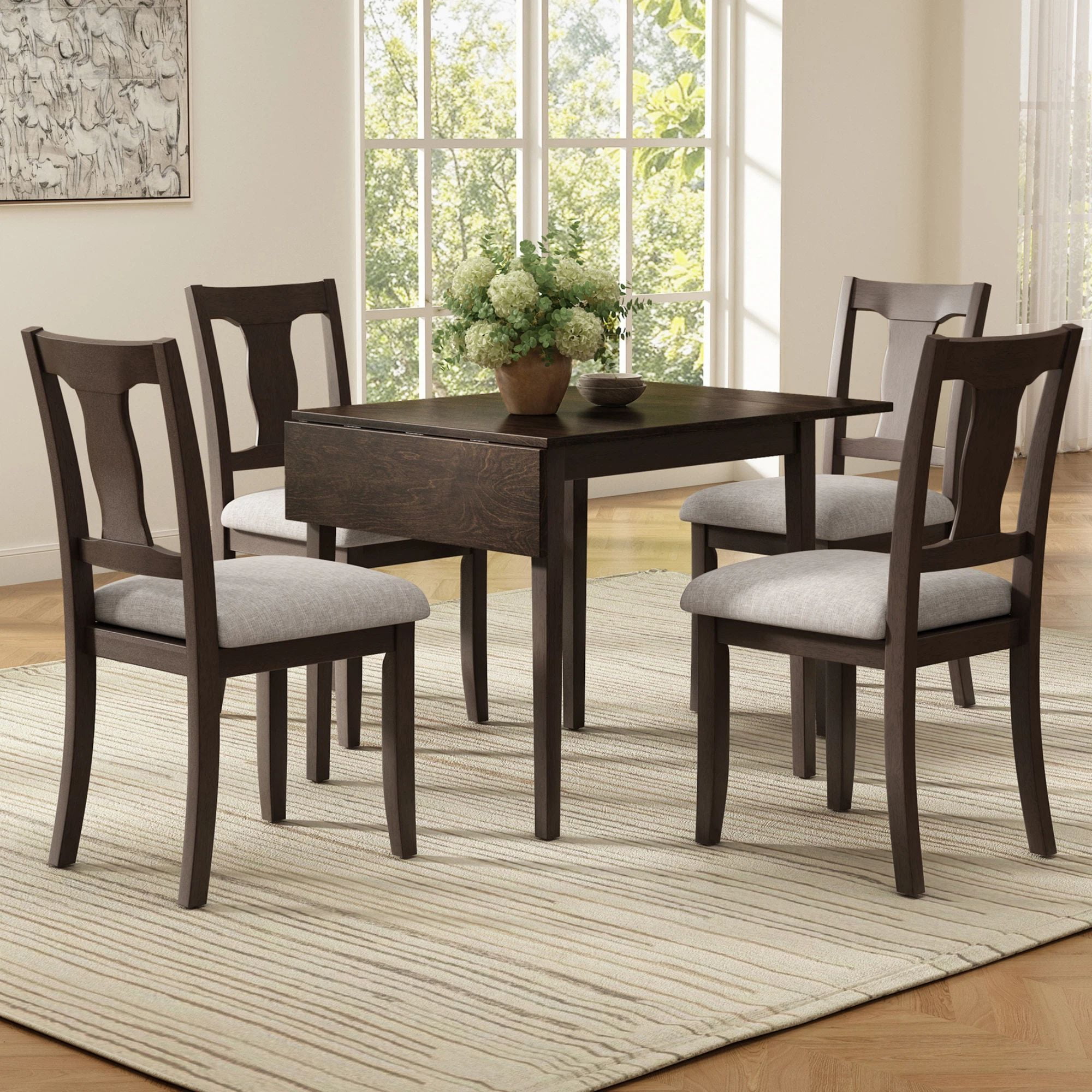 Euroco 5-Piece Dining Table Set for 4, 45.67" Extendable Kitchen Table Set with Drop Leaf and 4 Upholstered Chairs,Dining Room Set for Small Space,Espresso