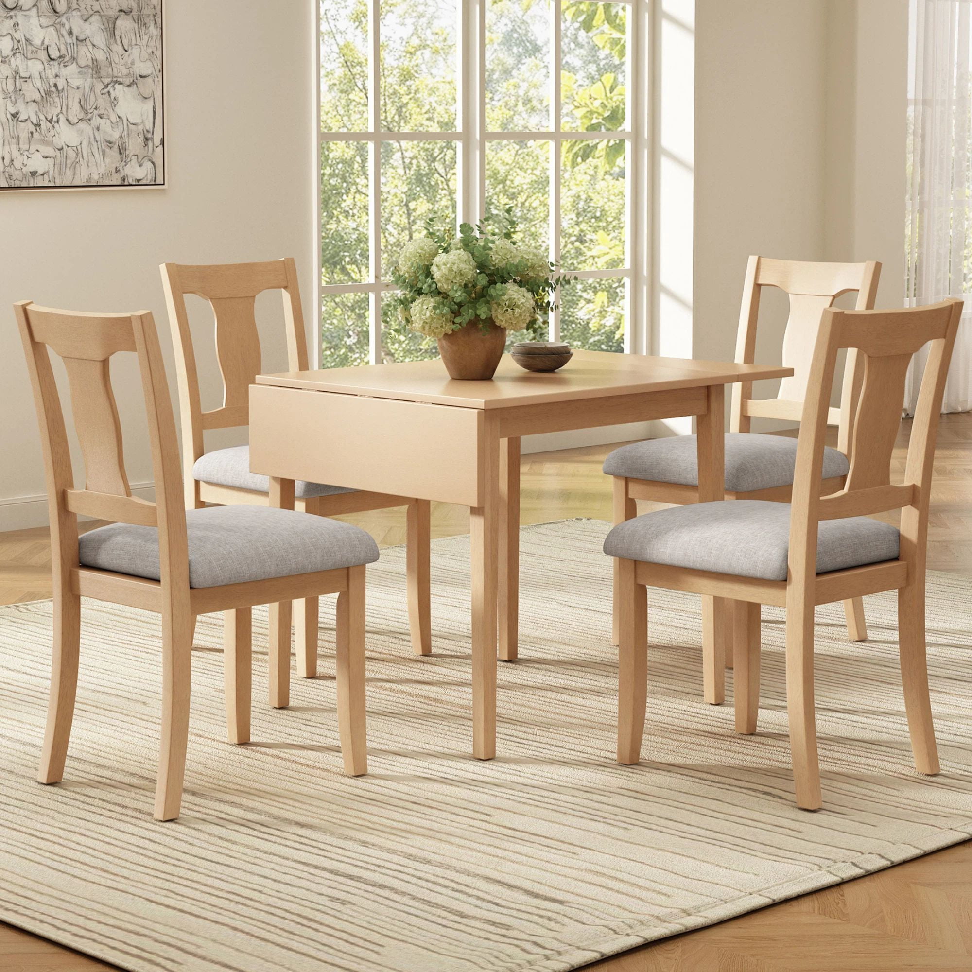 Euroco 5-Piece Dining Table Set for 4, 45.67" Extendable Kitchen Table Set with Drop Leaf and 4 Upholstered Chairs,Dining Room Set for Small Space,Natural
