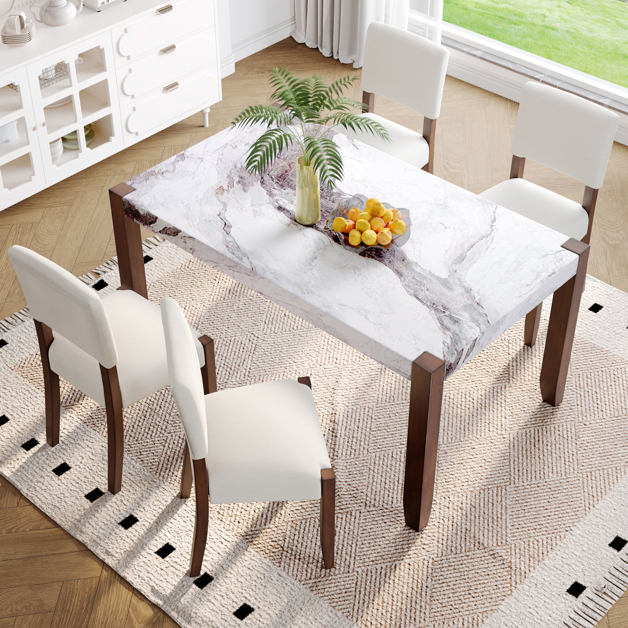 Euroco 5-Piece Dining Table Set for 4, 46" Faux Marble Kitchen Table with 4 Upholstered Chairs and Solid Wood Frame,Modern Kitchen Table Set for Home Living Dining Room, Beige