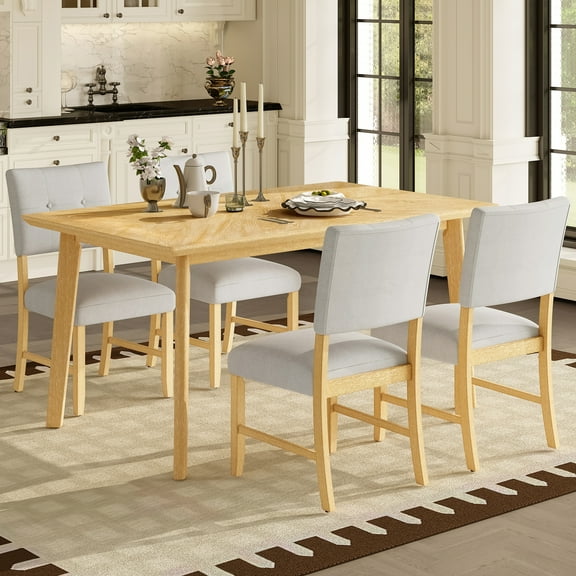 Euroco 5 Piece Dining Table Set for 4, 59.8" Kitchen Table & 4 Upholstered Chairs with Solid Wood Frame for 4, Farmhouse Dining Room Set for Living Room,Small Space,Natural