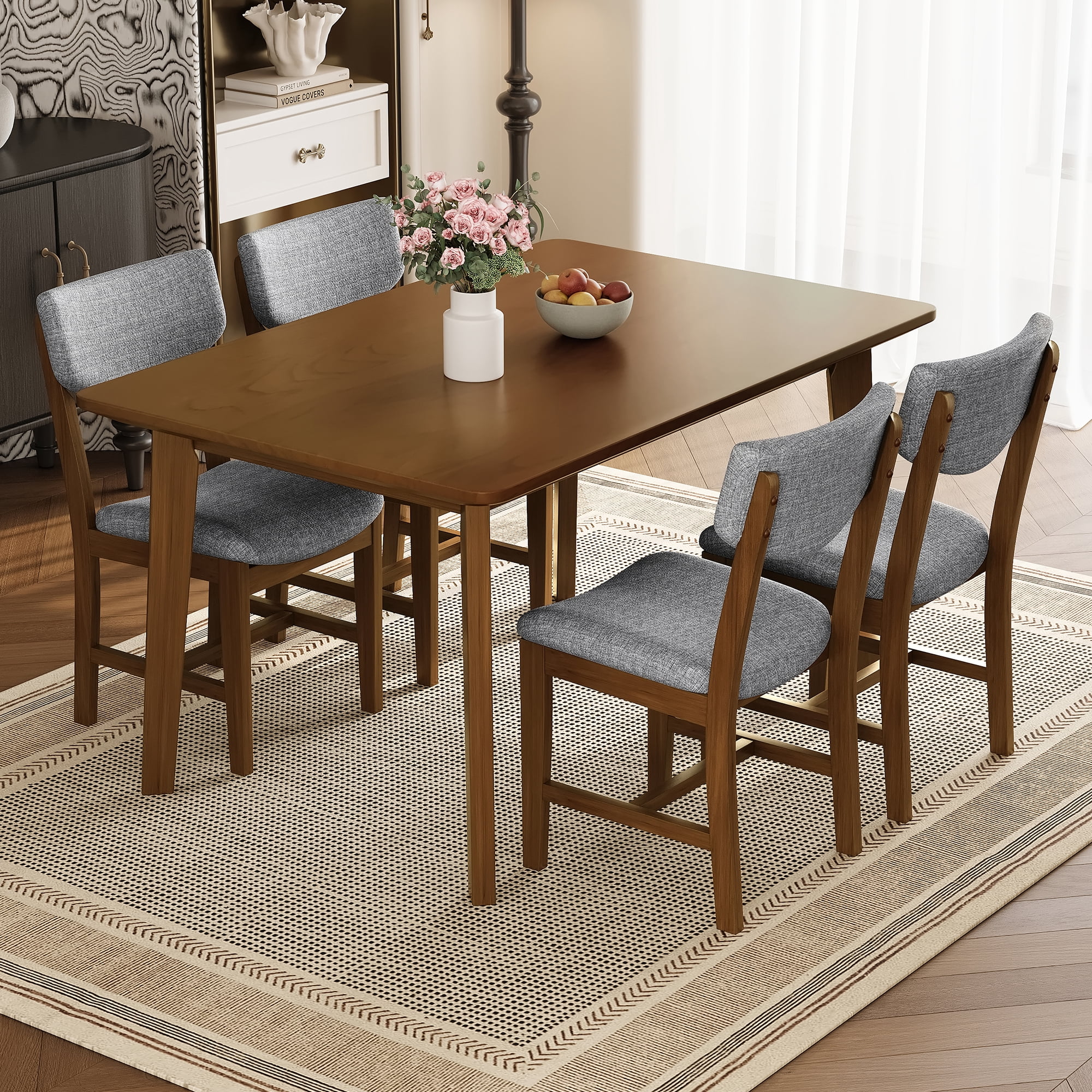 Euroco 5 Piece Dining Table Set for 4, Farmhouse Wood Kitchen Table Set with 4 Upholstered Chairs for Kitchen & Dining Room,Walnut