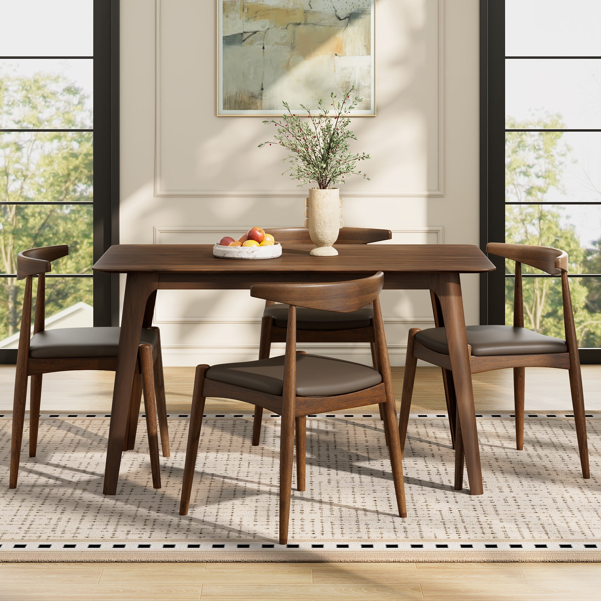 Euroco 5-Piece Dining Table Set for 4, Rubberwood Kitchen Table & 4 Chairs Set with Ergonomic Backrest, Retro Dining Furniture Set for Family,Brown