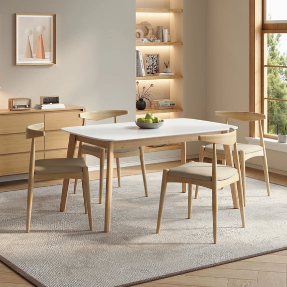 Euroco 5-Piece Dining Table Set for 4, Rubberwood Kitchen Table & 4 Chairs Set with Ergonomic Backrest, Retro Dining Furniture Set for Family,Natural