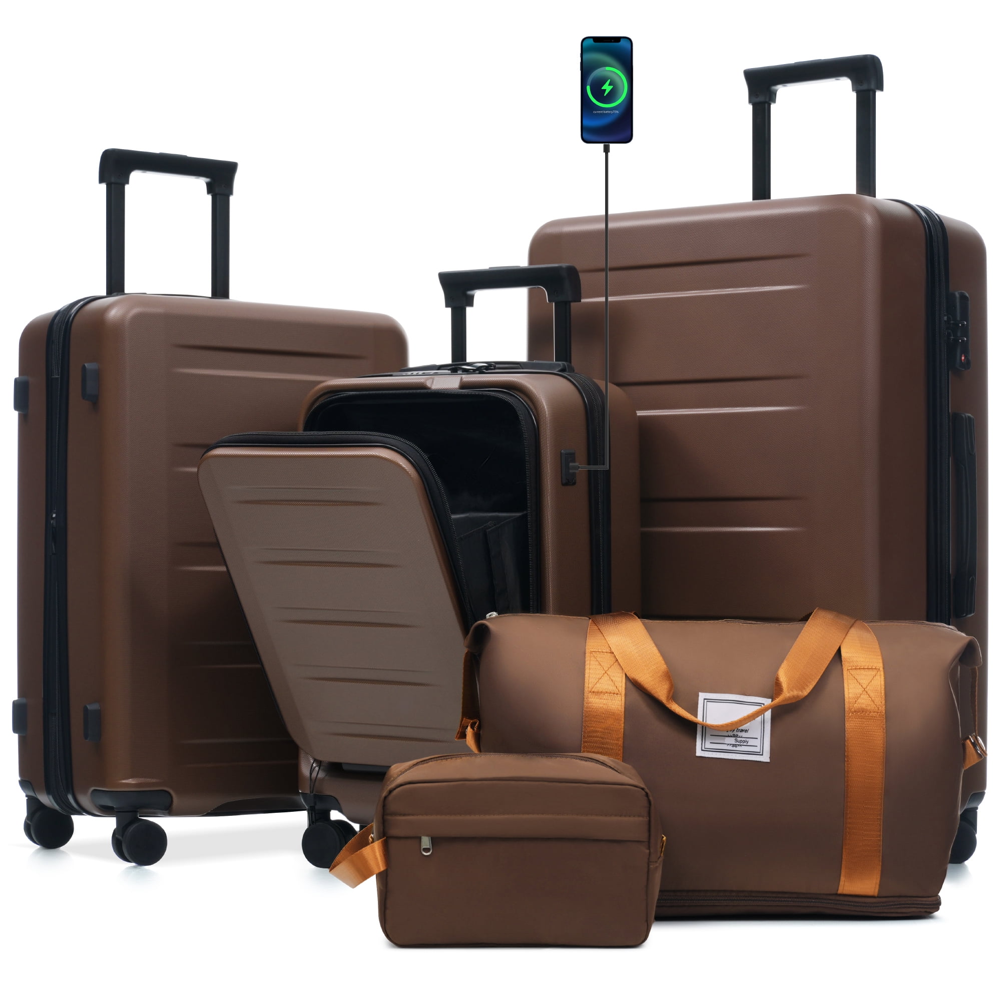 Euroco 5 Piece Front Opening Luggage Sets, Hardside Expandable Carry On Suitcase Set with USB Port,TSA Locks, Spinner Wheels and 2 Bags,Lightweight Travel Luggage for Men Women(20"/24"/28"),Brown