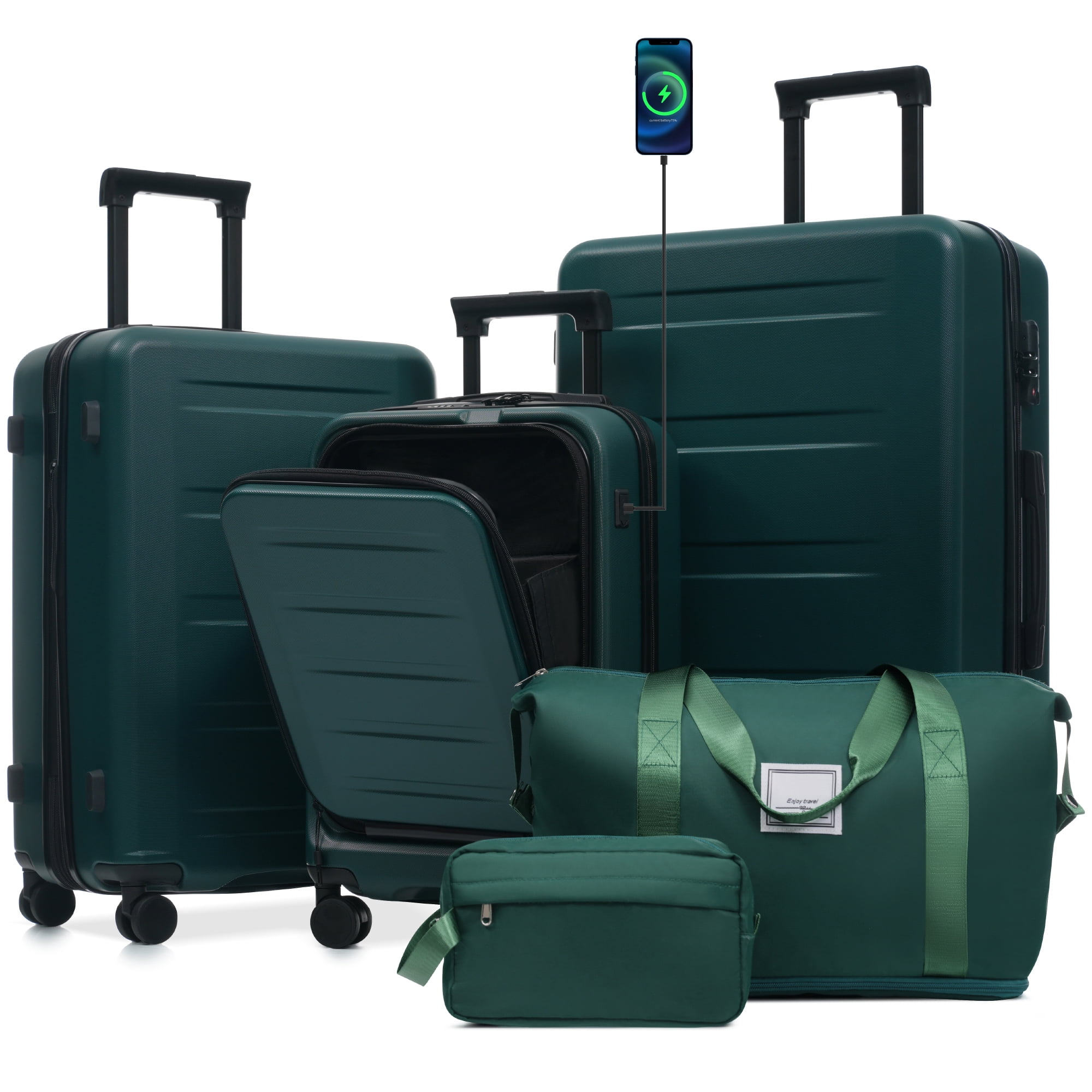Euroco 5 Piece Front Opening Luggage Sets, Hardside Expandable Carry On Suitcase Set with USB Port,TSA Locks, Spinner Wheels and 2 Bags,Lightweight Travel Luggage for Men Women(20"/24"/28"),Green