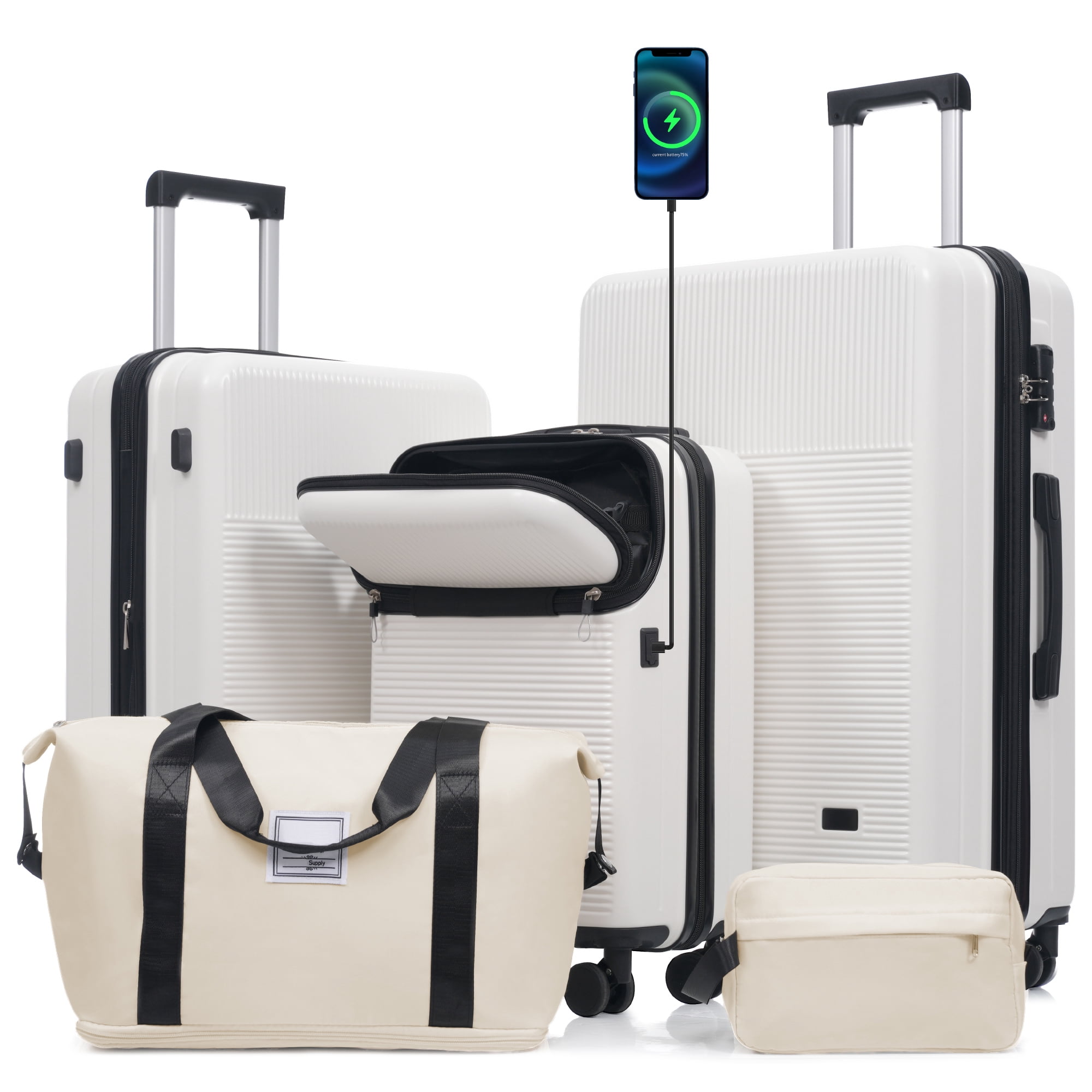 Euroco 5 Piece Luggage Sets, 20" Carry-On Luggage with Half-Opening & USB Port, 20/24/28inch Lightweight Travel Suitcase Set with TSA Lock, Double Spinner Wheels & 2 Travel Duffel Bags,White