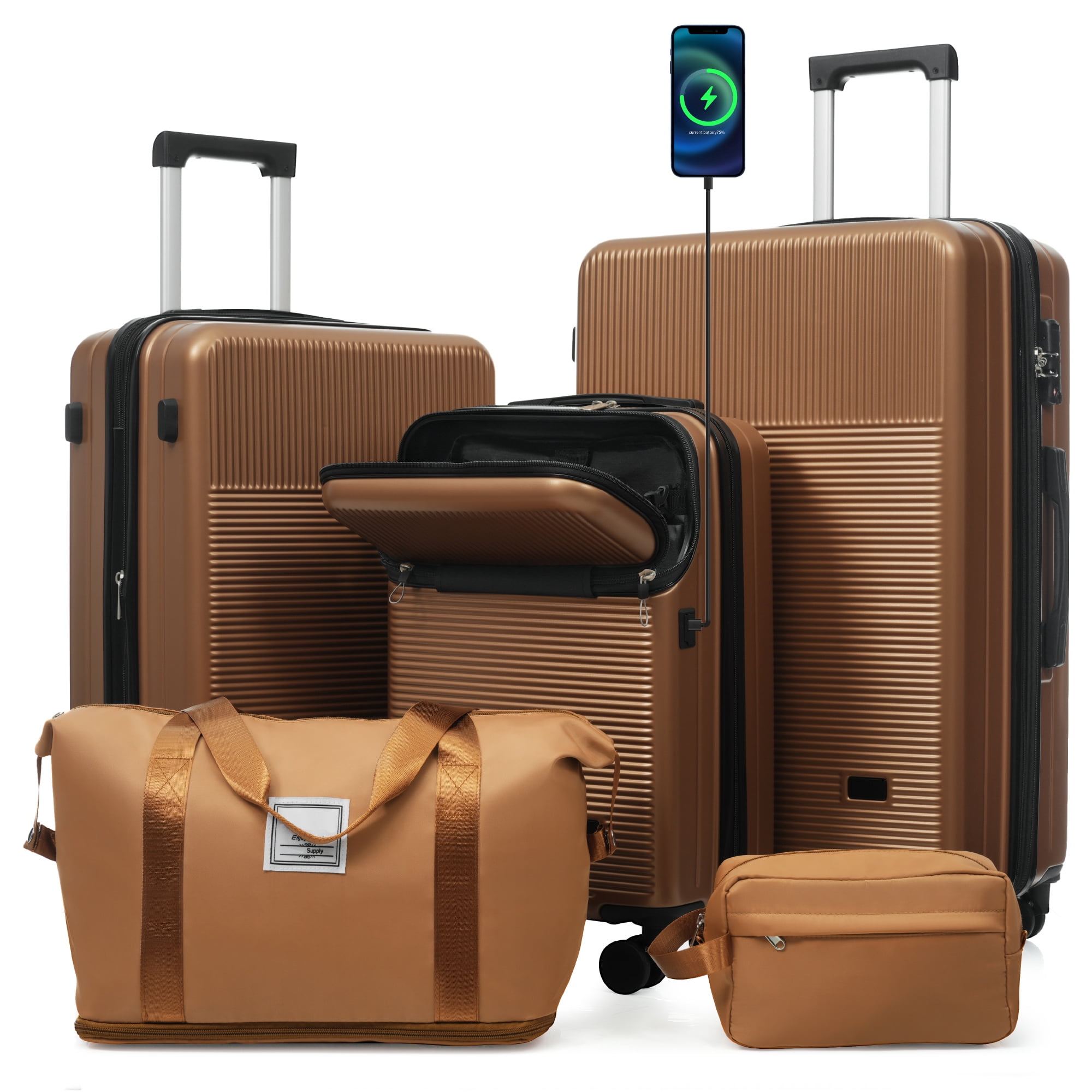 Euroco 5 Piece Luggage Sets, 20" Carry-On Luggage with Half-Opening & USB Port, 20/24/28inch Lightweight Travel Suitcase Set with TSA Lock, Double Spinner Wheels & 2 Travel Duffel Bags,Brown