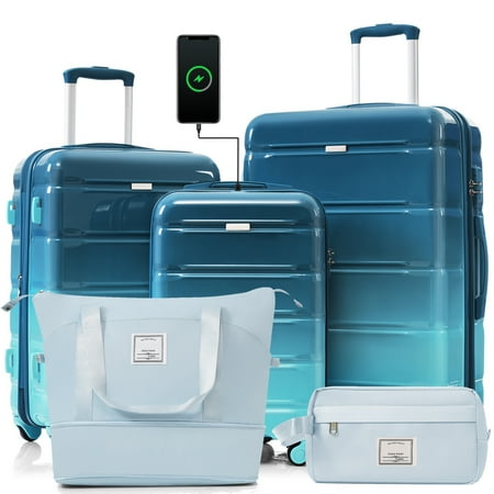 Euroco 5 Piece Luggage Sets, 20" Carry-on Suitcase with USB Port ,Cup Holder and 2 Travel Bags,Hardside Lightweight Durable Suitcase Set with TSA Lock and Spinner Wheels(20"/24"/28"),Blue