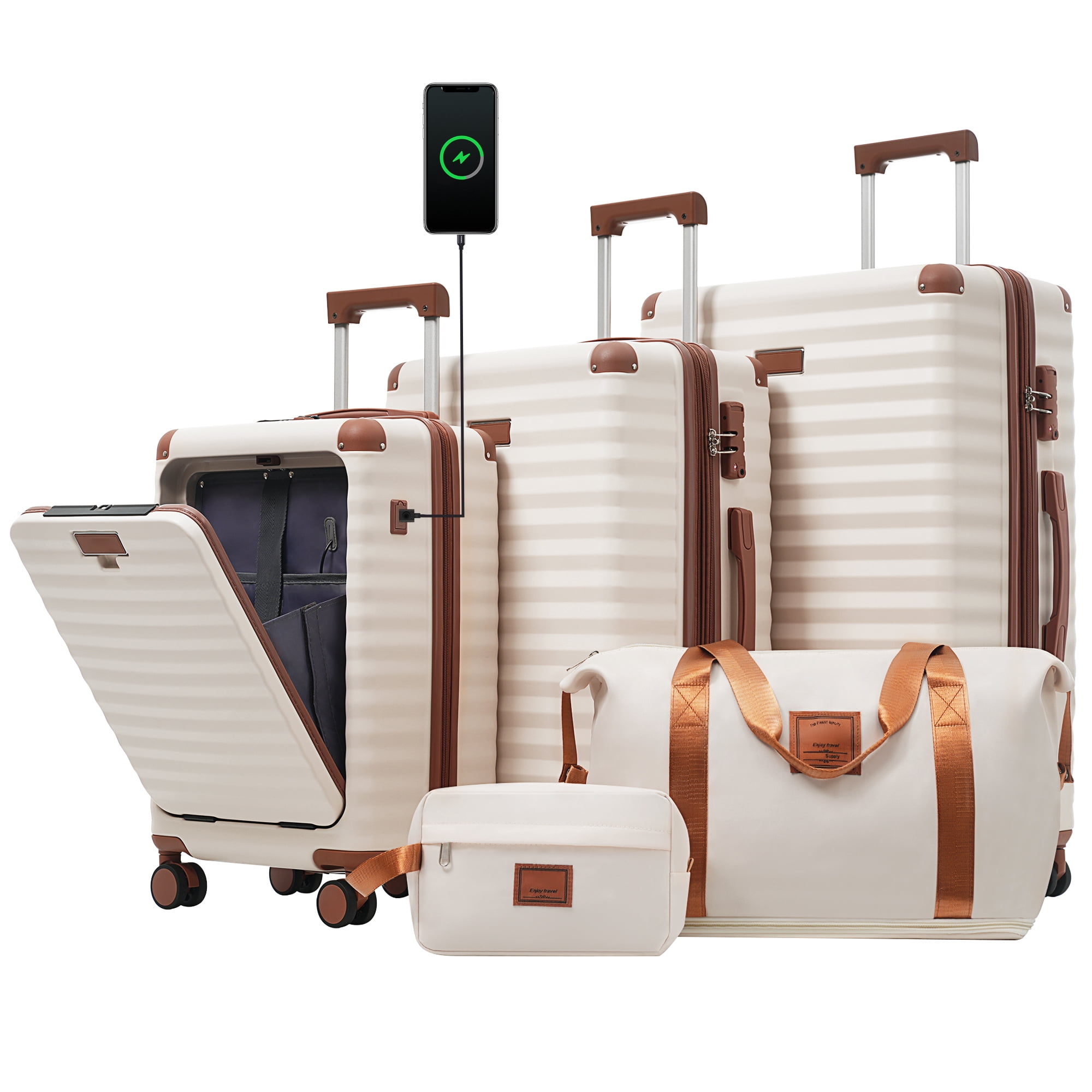 Euroco 5 Piece Luggage Sets Front Opening,Expandable Hardshell Suitcase with Spinner Wheels,2 Bags and TSA Lock,Lightweight Carry on Luggage with USB Port and Cup Holder(20"/24"/28"),White