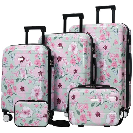 Euroco 5 Piece Luggage Sets with Spinner Wheels, Hardshell Lightweight Suitcase Set with TSA Locks and 2 Bags, Durable Checked Large Suitcase for Travel(8"/14"/20"/24"/28"),Green & Pink Flower