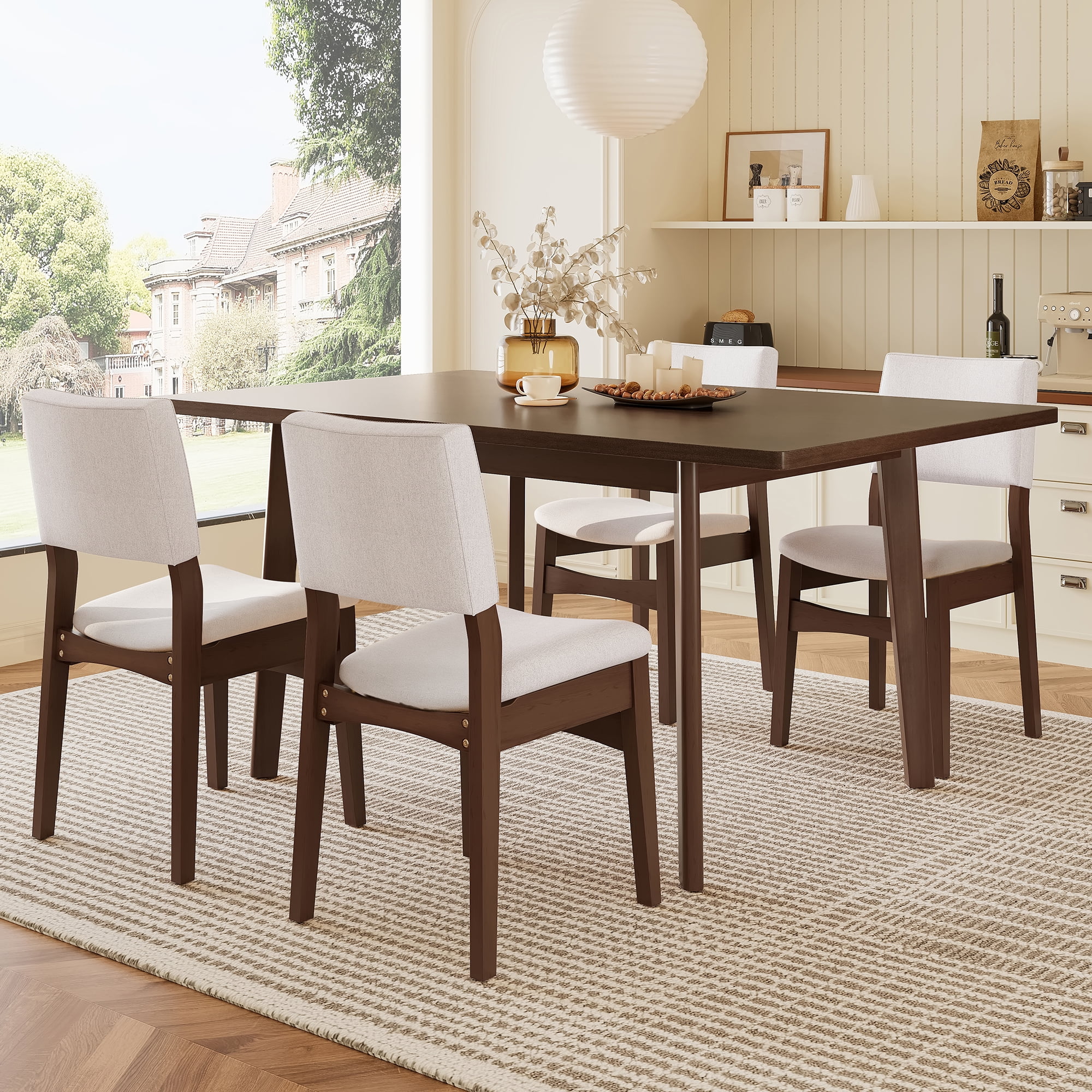 Euroco 5-Piece Mid Century Modern Dining Set for 4, Dining Room Table with 4 Upholstered Chairs and Solid Wood Frame for Kitchen/Dining Room, Dark Walnut