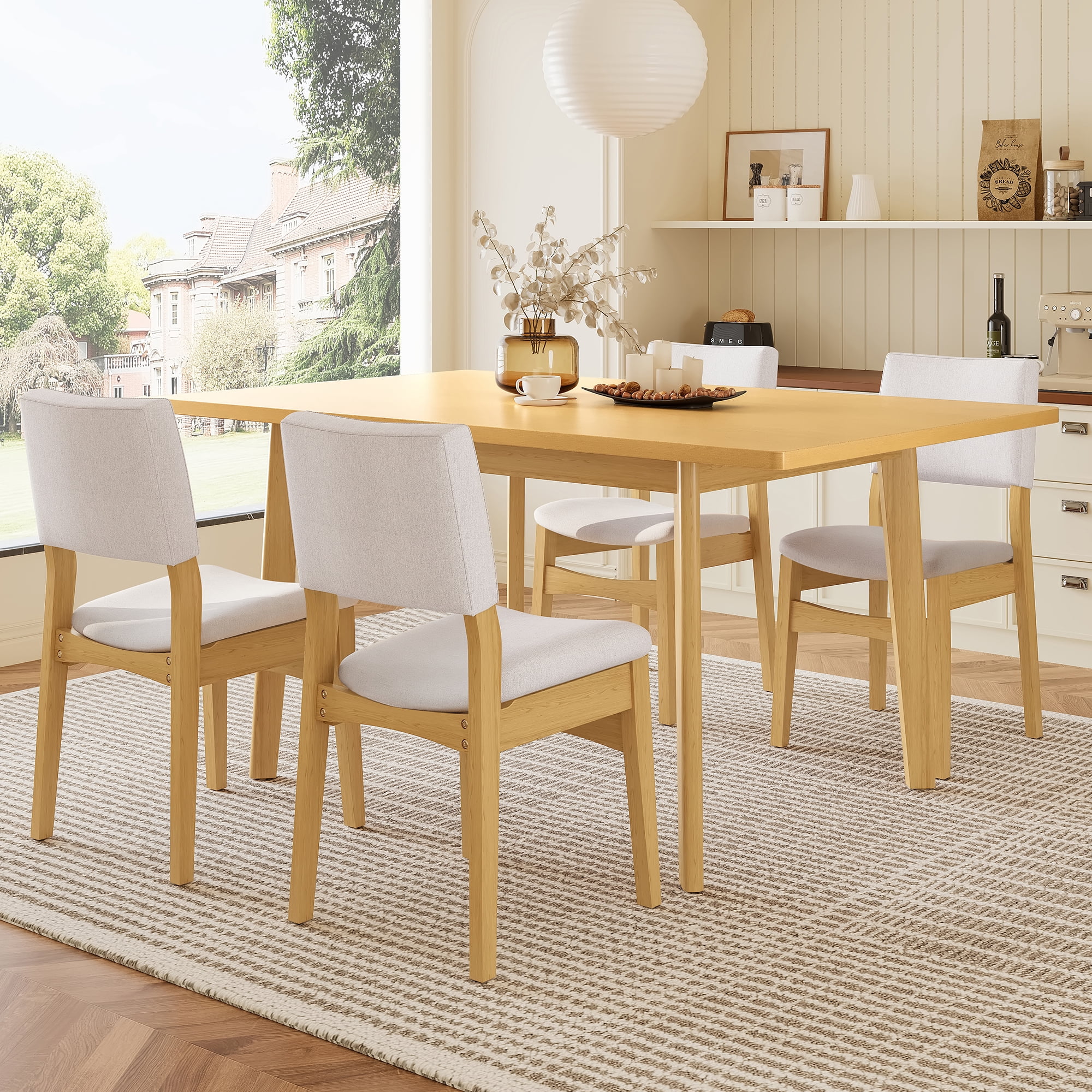 Euroco 5-Piece Mid Century Modern Dining Set for 4, Dining Room Table with 4 Upholstered Chairs and Solid Wood Frame for Kitchen/Dining Room,Natural