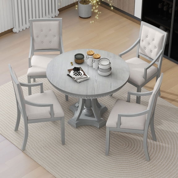 EUROCO Retro  5 Piece Dining Table Set for 4,Extendable Round Kitchen Table with  4 Upholstered Dining Chairs for Kitchen Dining Room,Antique Gray