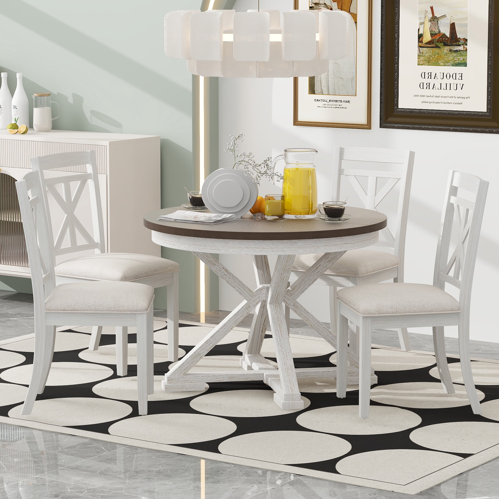 Euroco 5-Piece Retro Dining Table Set with Extendable Round Dining Table and 4 Upholstered Chairs for Dining Room and Living Room,Antique White