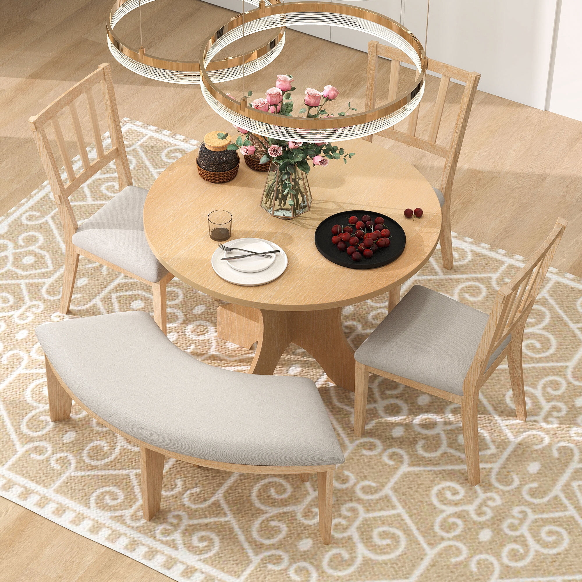 Euroco 5-Piece Round Dining Set,Rustic Kitchen Table Set with 3 Upholstered Chairs and Curved Bench for Dining Room/Kitchen/Living Room,Natural