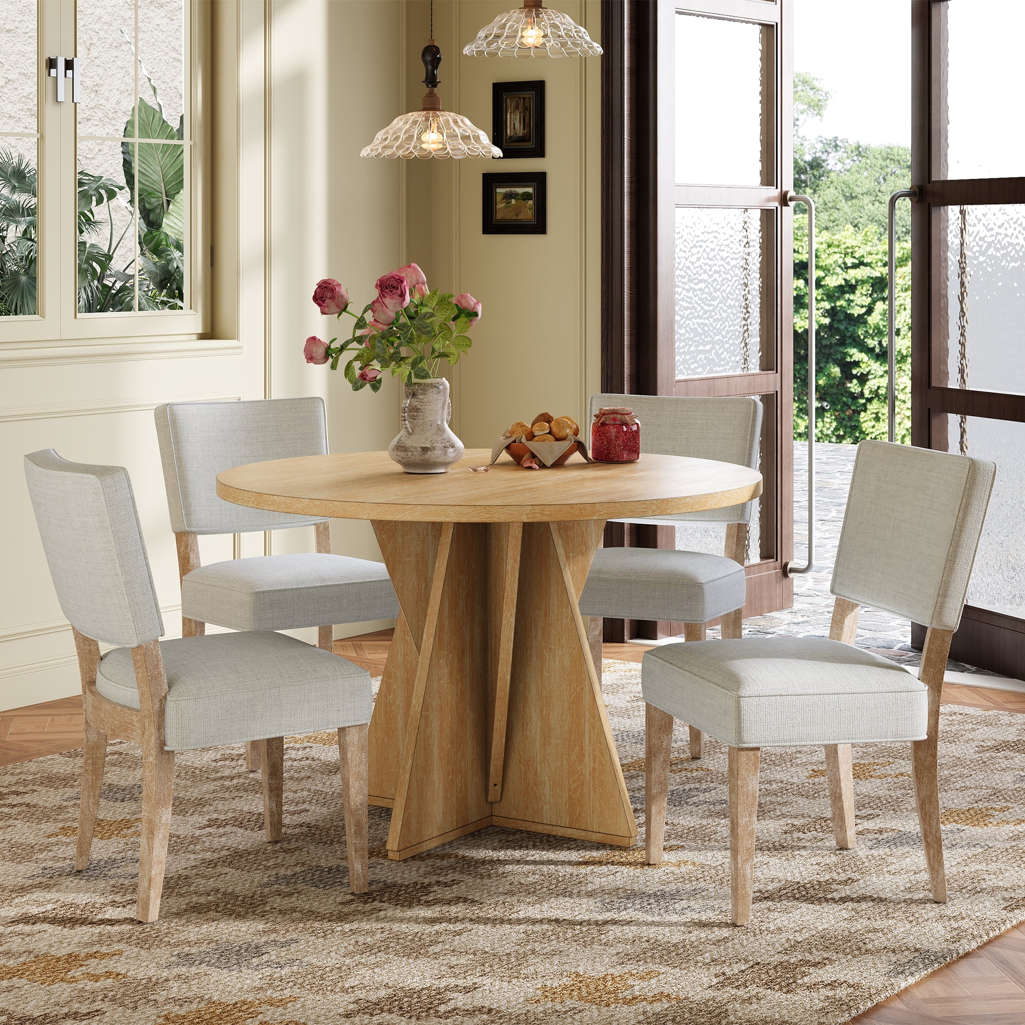 Euroco 5-Piece Round Dining Table & Chairs Set,Retro Kitchen Table with Upholstered Chairs and Unique Base,Wood Dining Table Set for Small Space, Natural