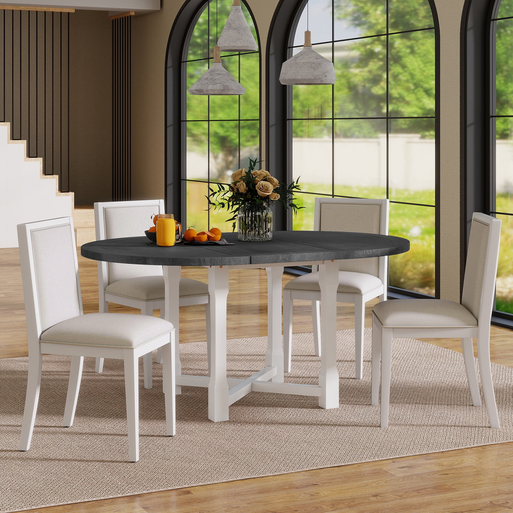 Euroco 5 Piece Farmhouse Round Dining Table Set for 4, Extendable  Kitchen Table with 4 Upholstered Chairs  for  Dining Room, Grey