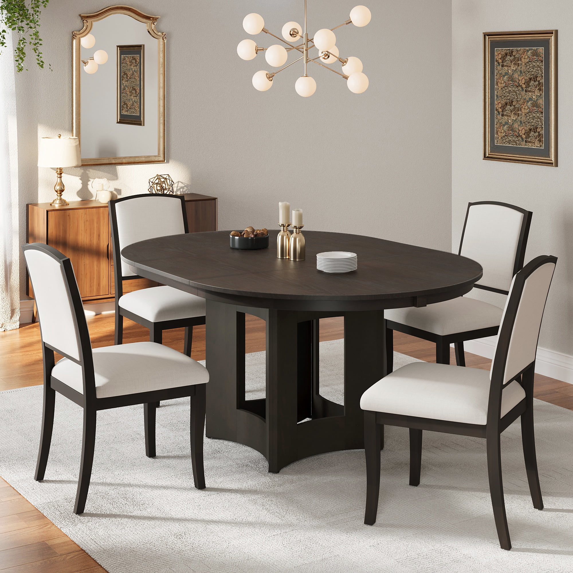 Euroco 5 Piece Round Dining Table Set for 4,Farmhouse Extendable Kitchen Table Set with 4 Upholstered Chairs & Removable Leaf for Small Space,Espresso
