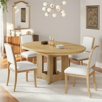 Euroco 5 Piece Round Dining Table Set for 4,Farmhouse Extendable Kitchen Table Set with 4 Upholstered Chairs & 16" Removable Leaf for Small Space,Natural