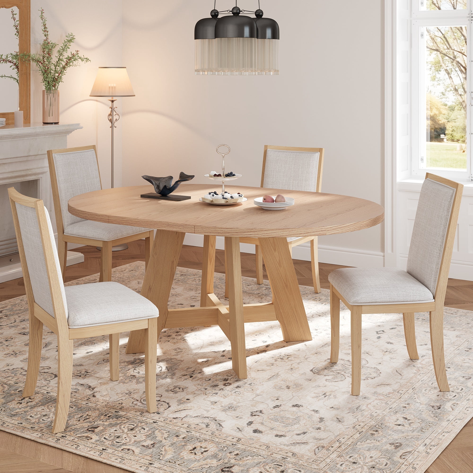 Euroco 5-Piece Round Dining Table Set for 4, Farmhouse Extendable Kitchen Table Set with Removable Leaf and 4 Upholstered Chairs for Small Places,Natural