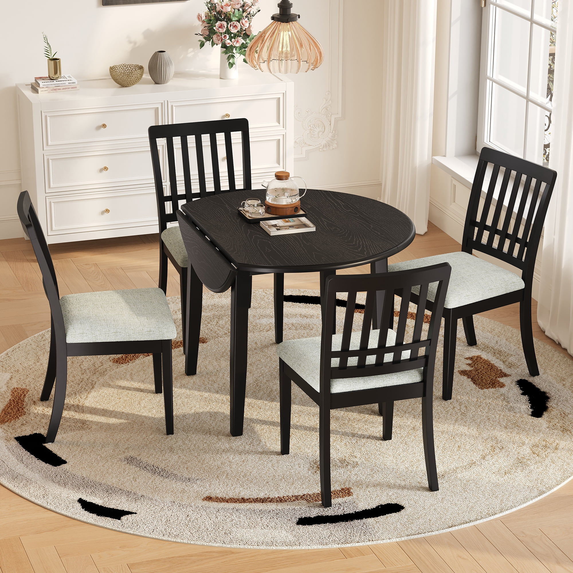 Euroco 5-Piece Round Dining Table Set for 4, Folding Wood Dining Table with 4 Upholstered Chairs, Farmhouse Kitchen Table Set for Small Space,Apartments,Black