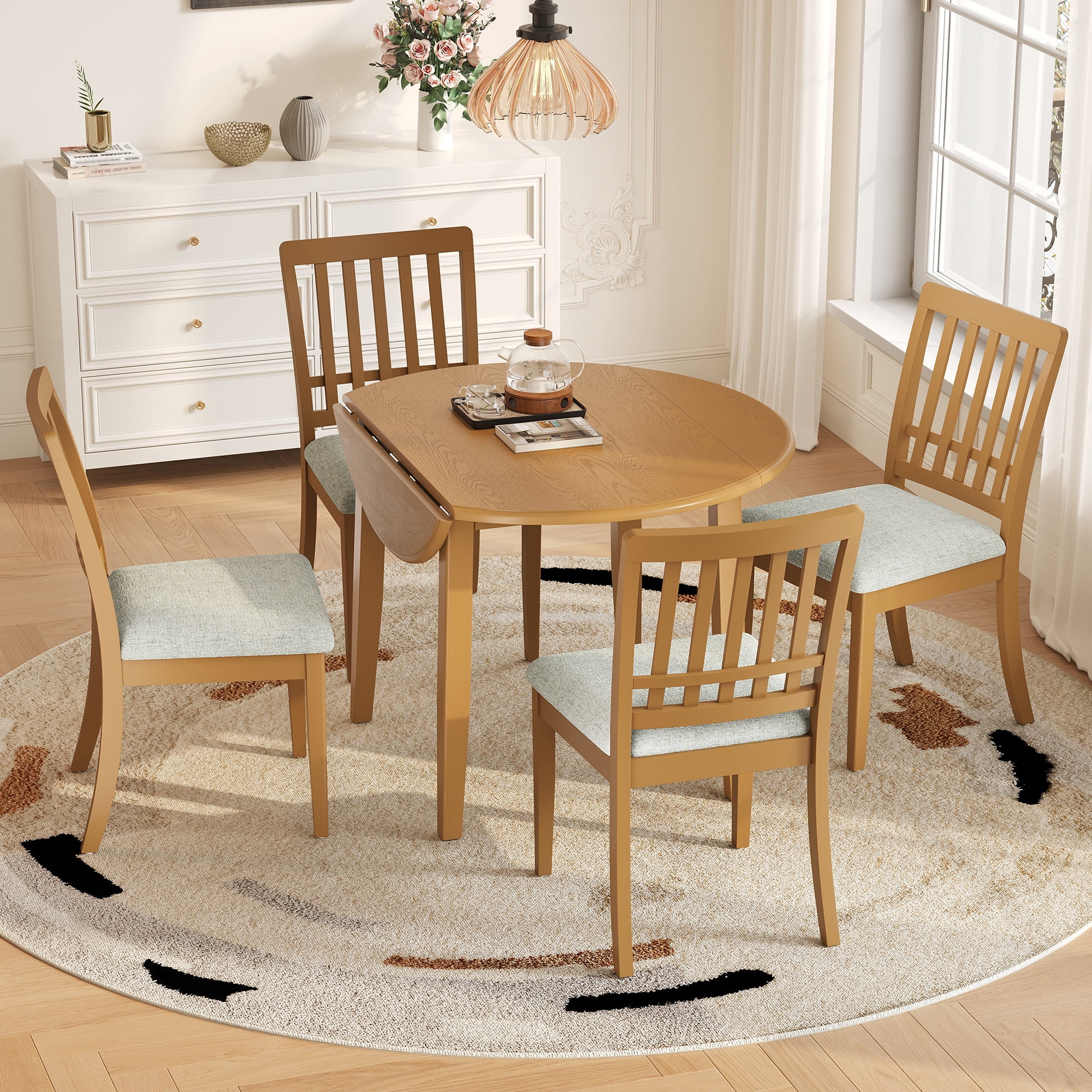 Euroco 5-Piece Round Dining Table Set for 4, Folding Wood Dining Table with 4 Upholstered Chairs, Farmhouse Kitchen Table Set for Small Space,Apartments,Light Brown