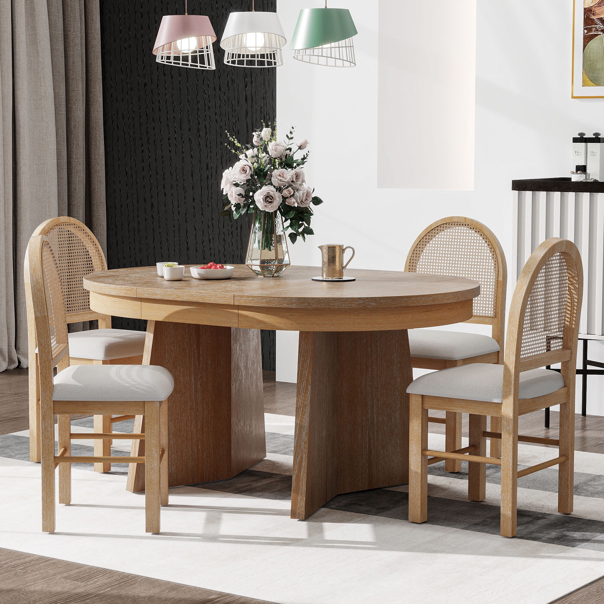 Euroco 5-Piece Round Dining Table Set for 4,Retro Extendable Kitchen ...