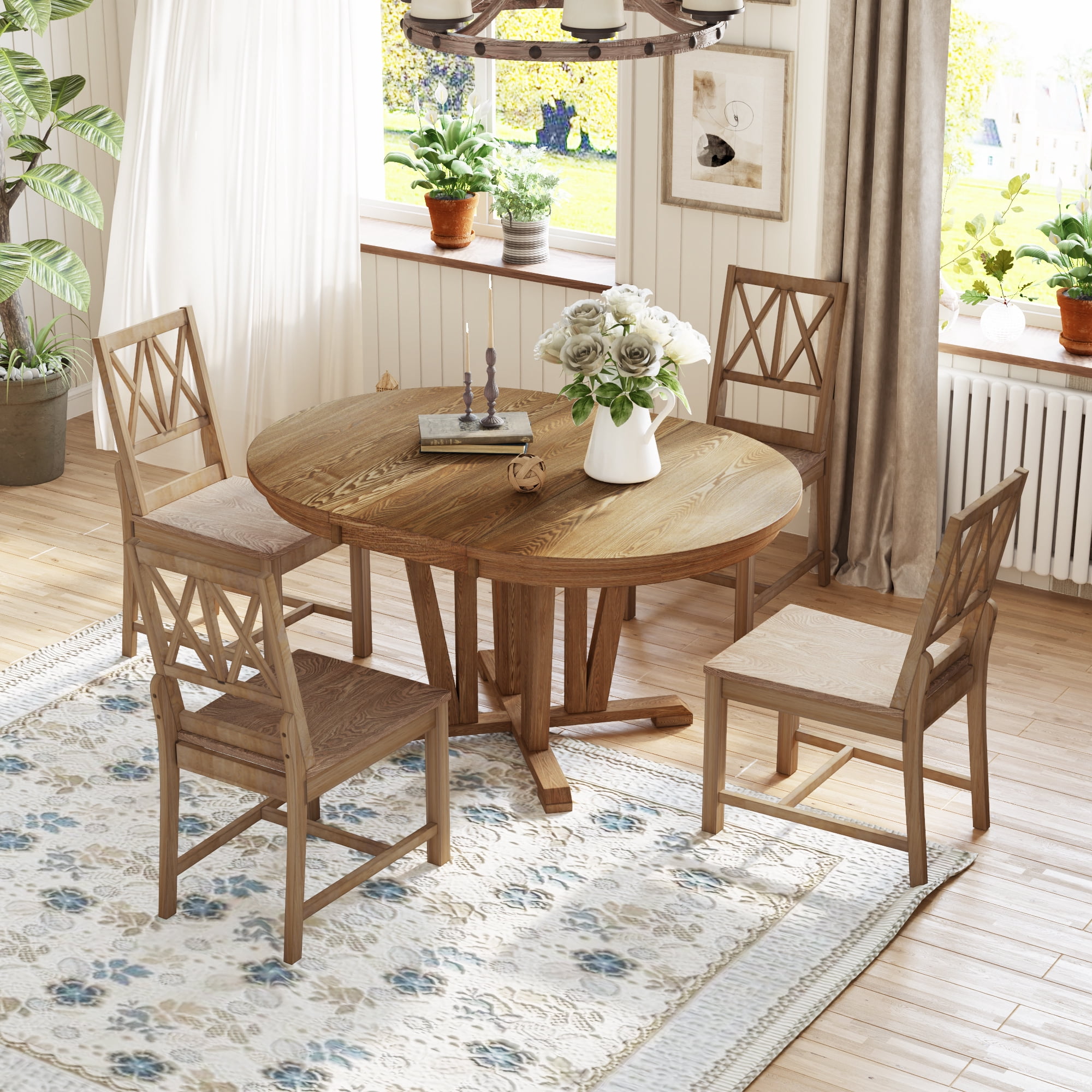Euroco 5-Piece Round Dining Table Set,Extendable Kitchen Table with 4 Chairs and Trestle Base, Rustic Dining Room Table & Chairs Set for 4,Brown