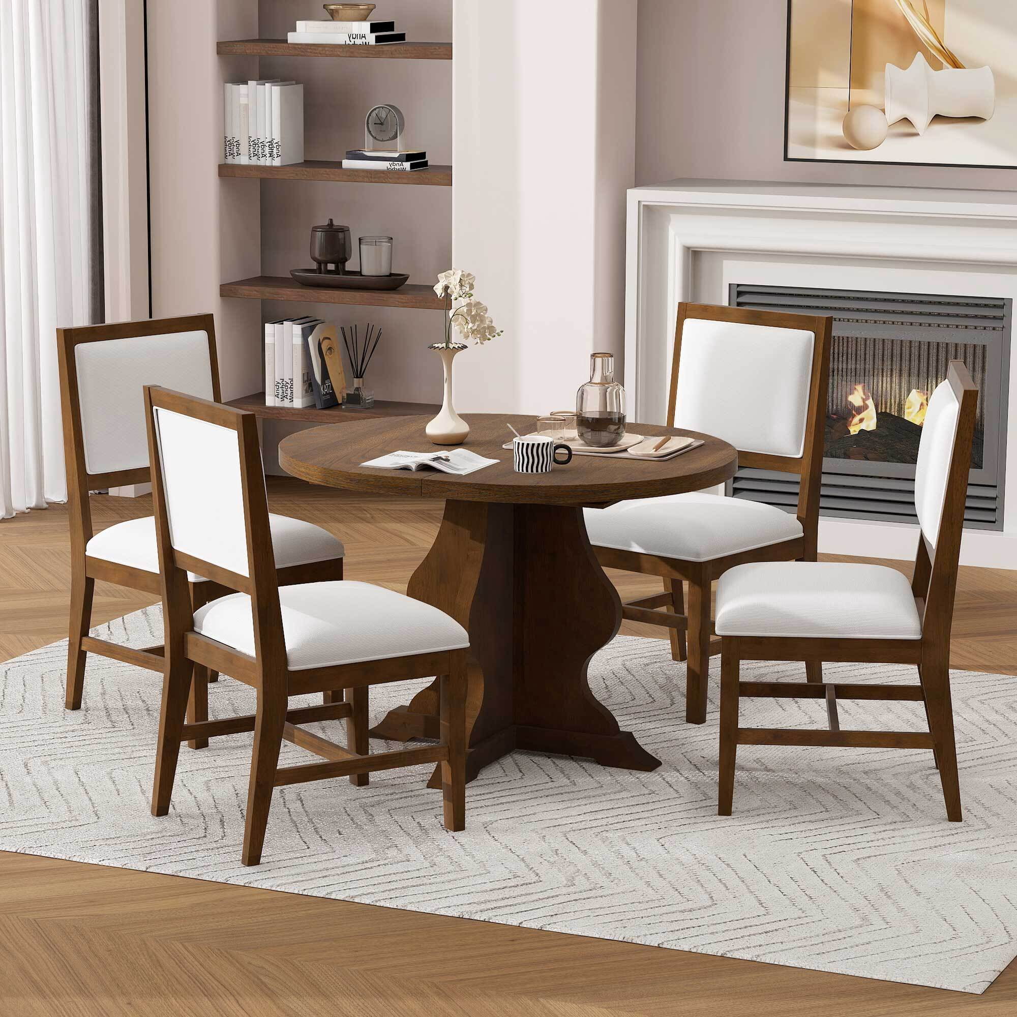 Euroco 5-Piece Round Dining Table Set for 4, 58" Extendable Kitchen Table with 4 Upholstered Chairs,Solid Wood Dining Set for Small Space,Brown
