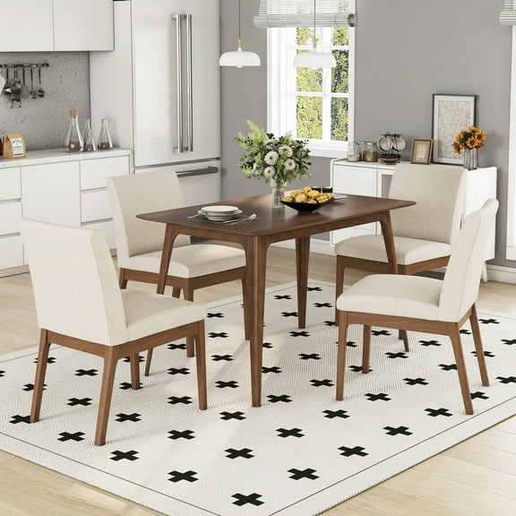Euroco 5-Piece Wood Dining Table Set, Mid-Century Modern Kitchen Table & 4 Upholstered Chairs Set for Dining Room,Beige