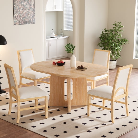 Euroco 5 Piece Wood Round Dining Table Set for 4, 41.3"-57.3" Extendable Kitchen Table Set with 4 Upholstered Chairs & Removable Leaf for Kitchen,Dining Room,Natural