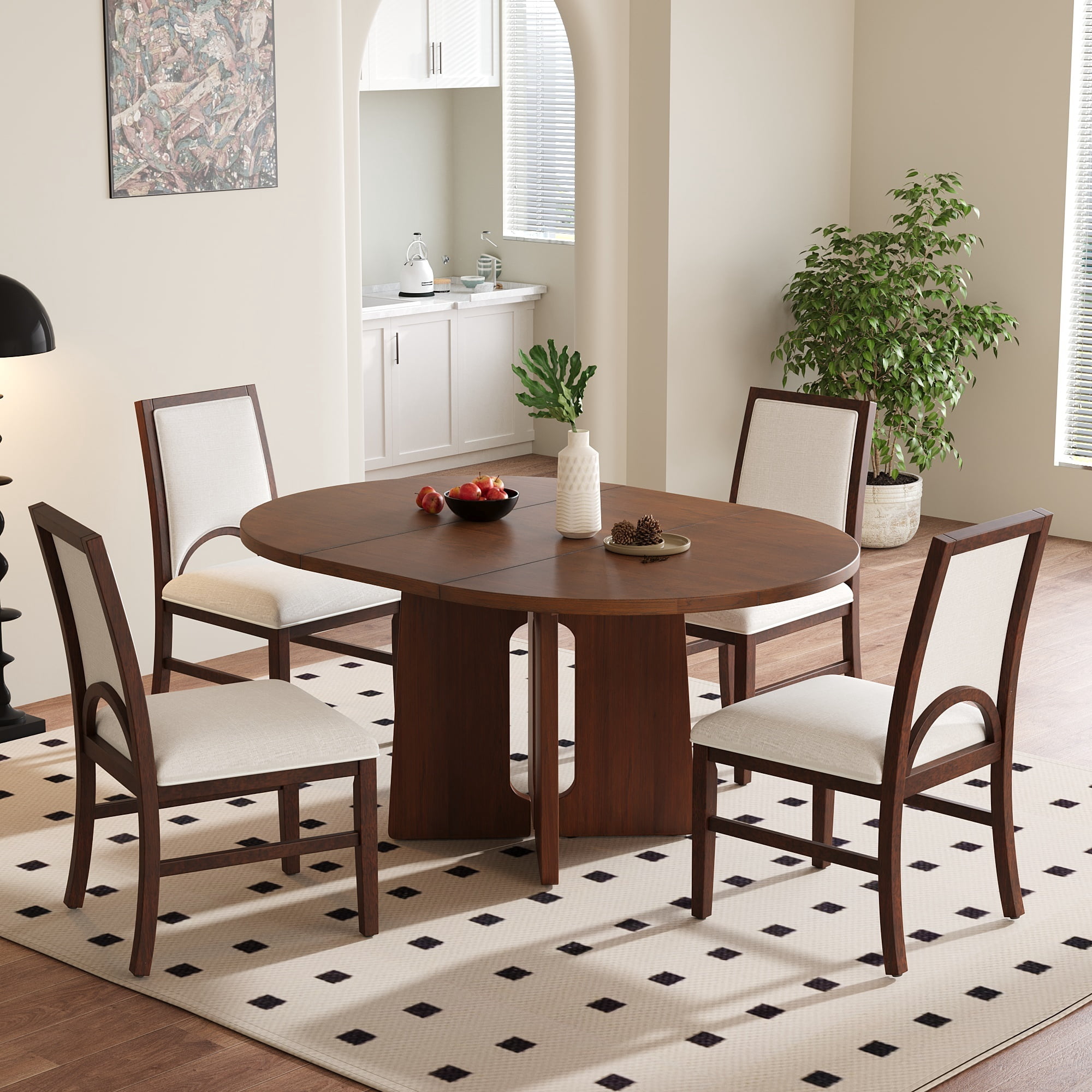 Euroco 5 Piece Wood Round Dining Table Set for 4, 41.3"-57.3" Extendable Kitchen Table Set with 4 Upholstered Chairs & Removable Leaf for Kitchen,Dining Room,Brown