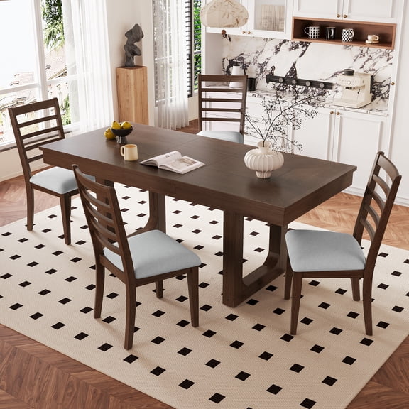 Euroco 5-Piece Wooden Dining Table Set,78" Extendable Dining Table & Chairs Set with 18" Leaf for 4-6,Farmhouse Kitchen Table Set for Dining Room,Brown